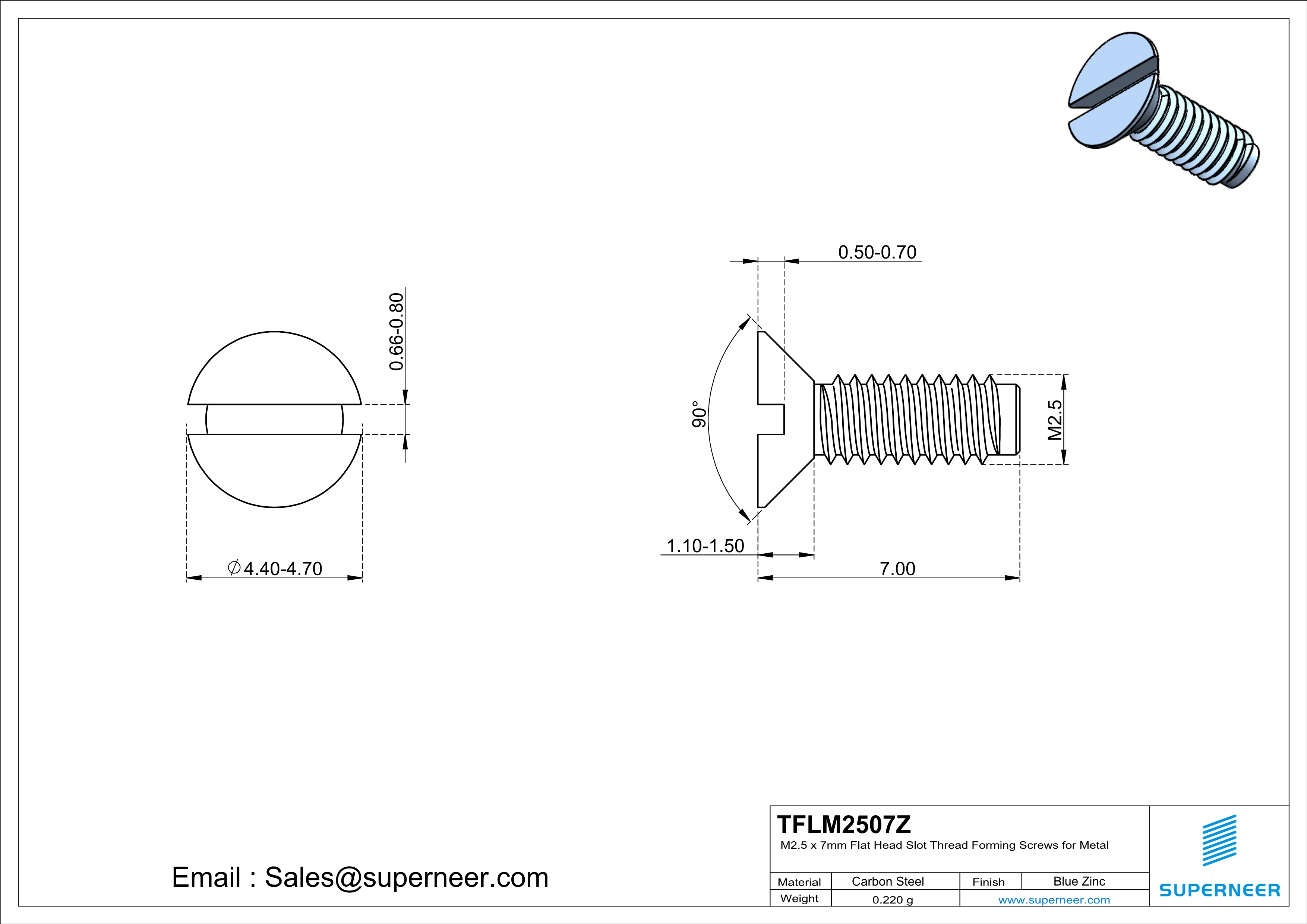 M2.5 × 7mm Flat Head Slot Thread Forming Screws for Metal Steel Blue Zinc Plated