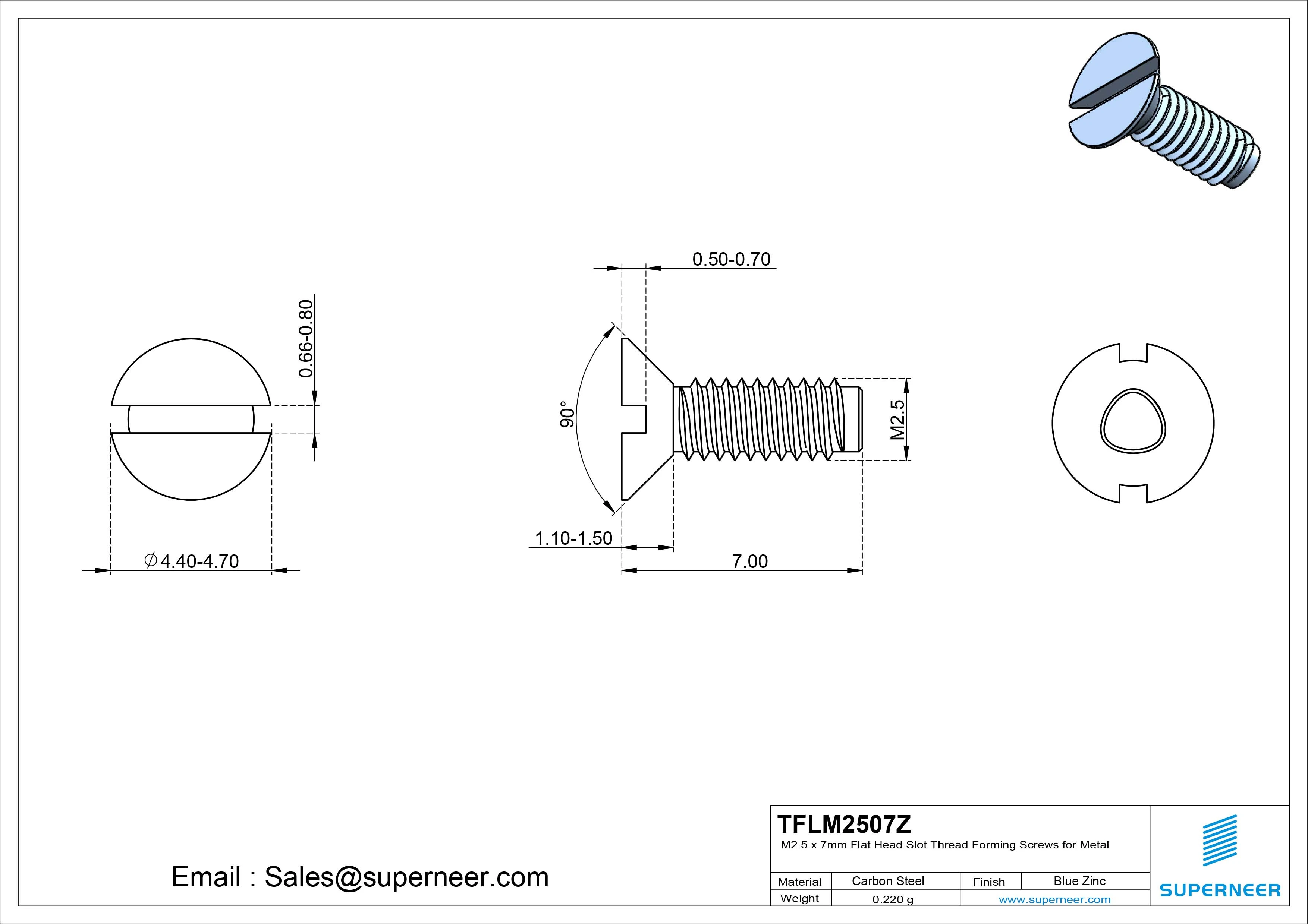 M2.5 × 7mm Flat Head Slot Thread Forming Screws for Metal Steel Blue Zinc Plated