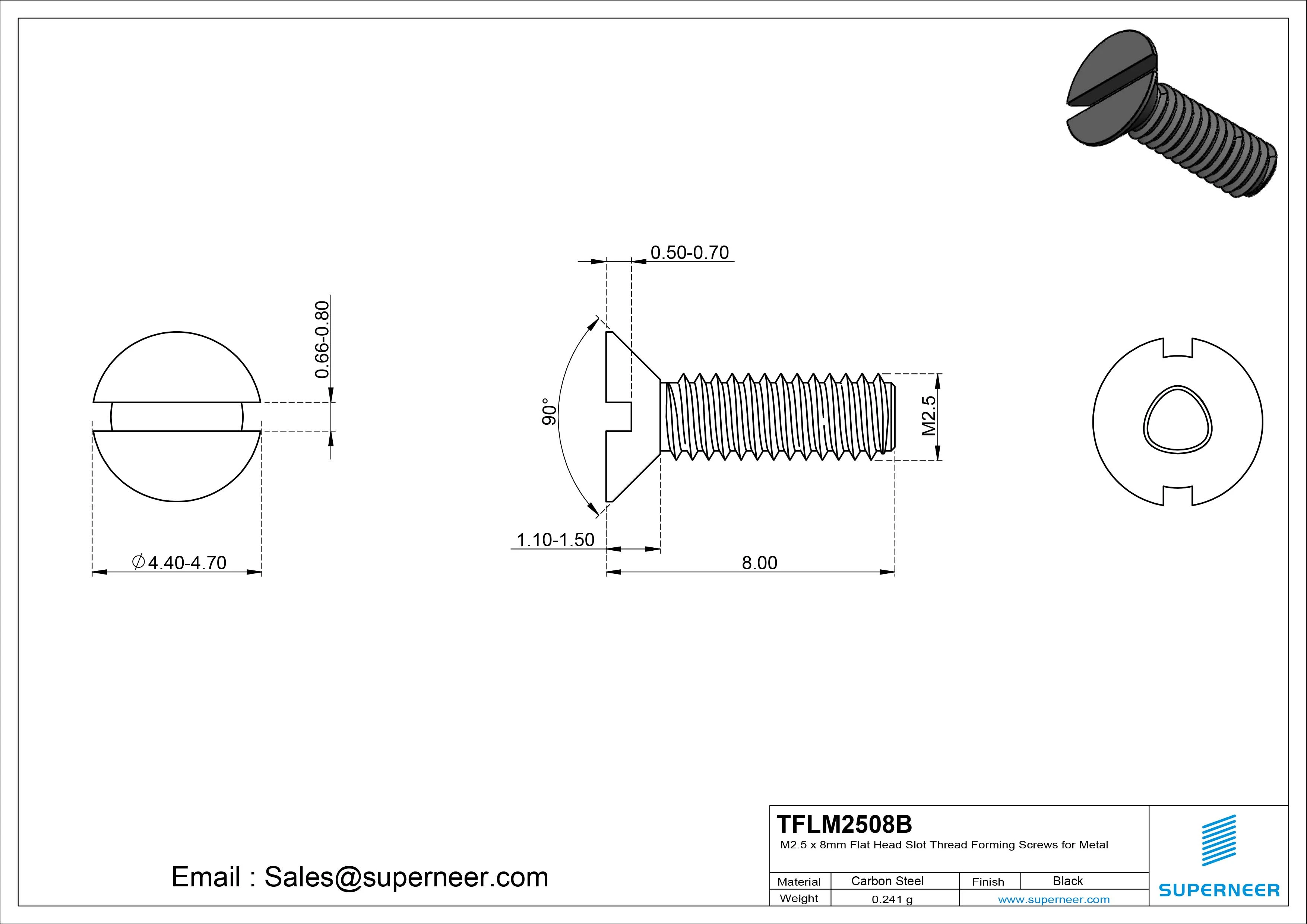 M2.5 × 8mm Flat Head Slot Thread Forming Screws for Metal Steel Black