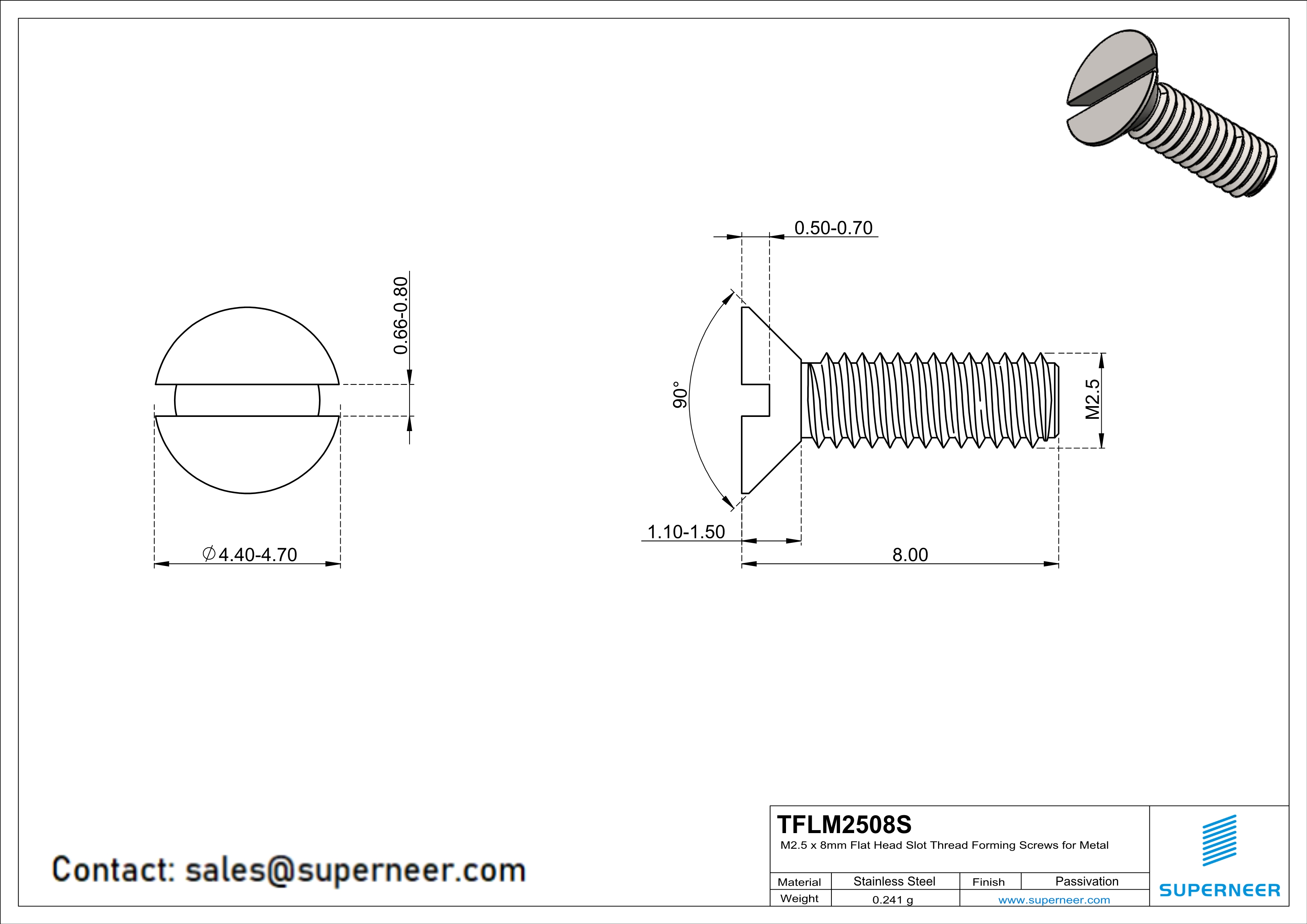 M2.5 × 8mm Flat Head Slot Thread Forming Screws for Metal SUS304 Stainless Steel Inox