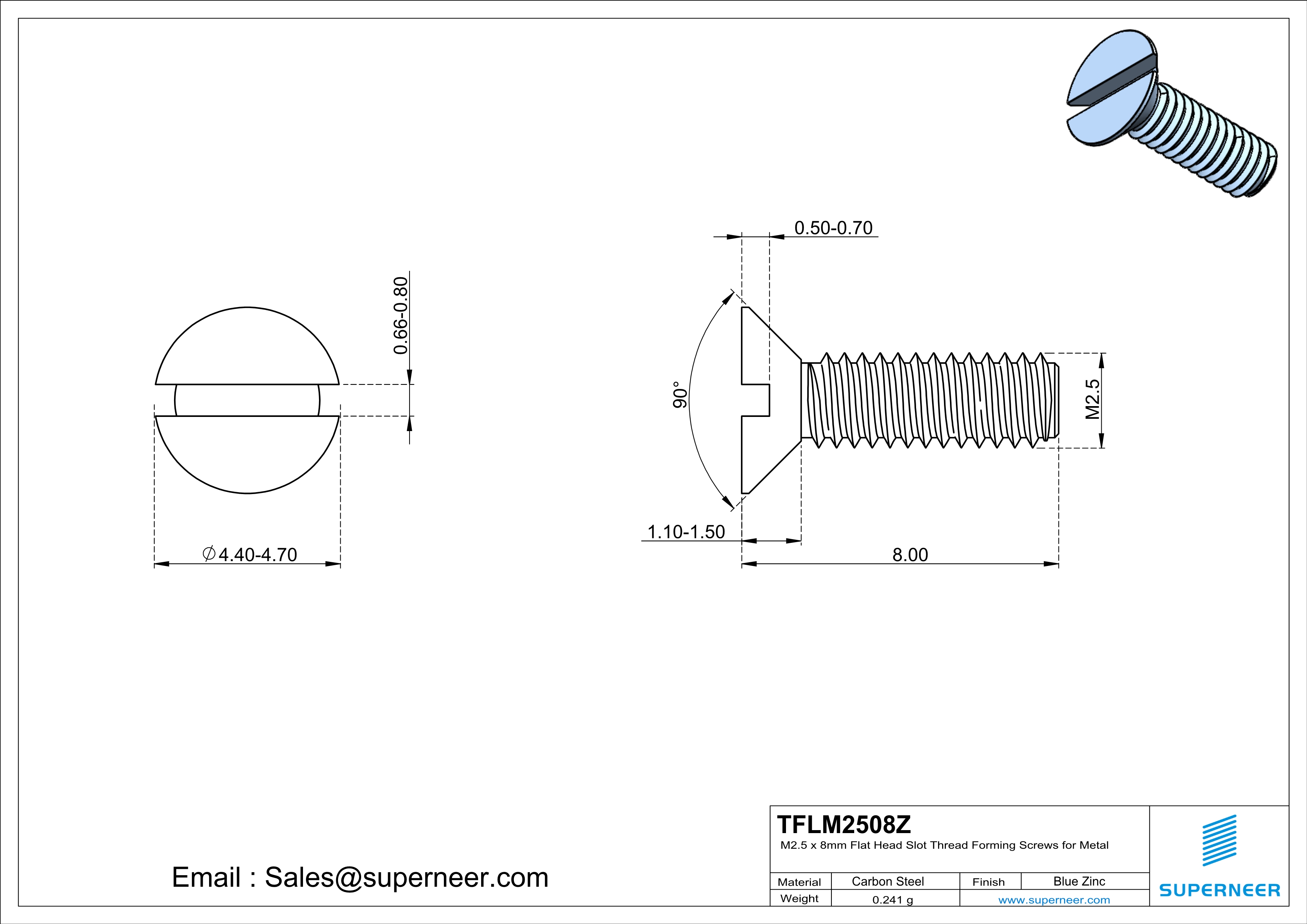 M2.5 × 8mm Flat Head Slot Thread Forming Screws for Metal Steel Blue Zinc Plated
