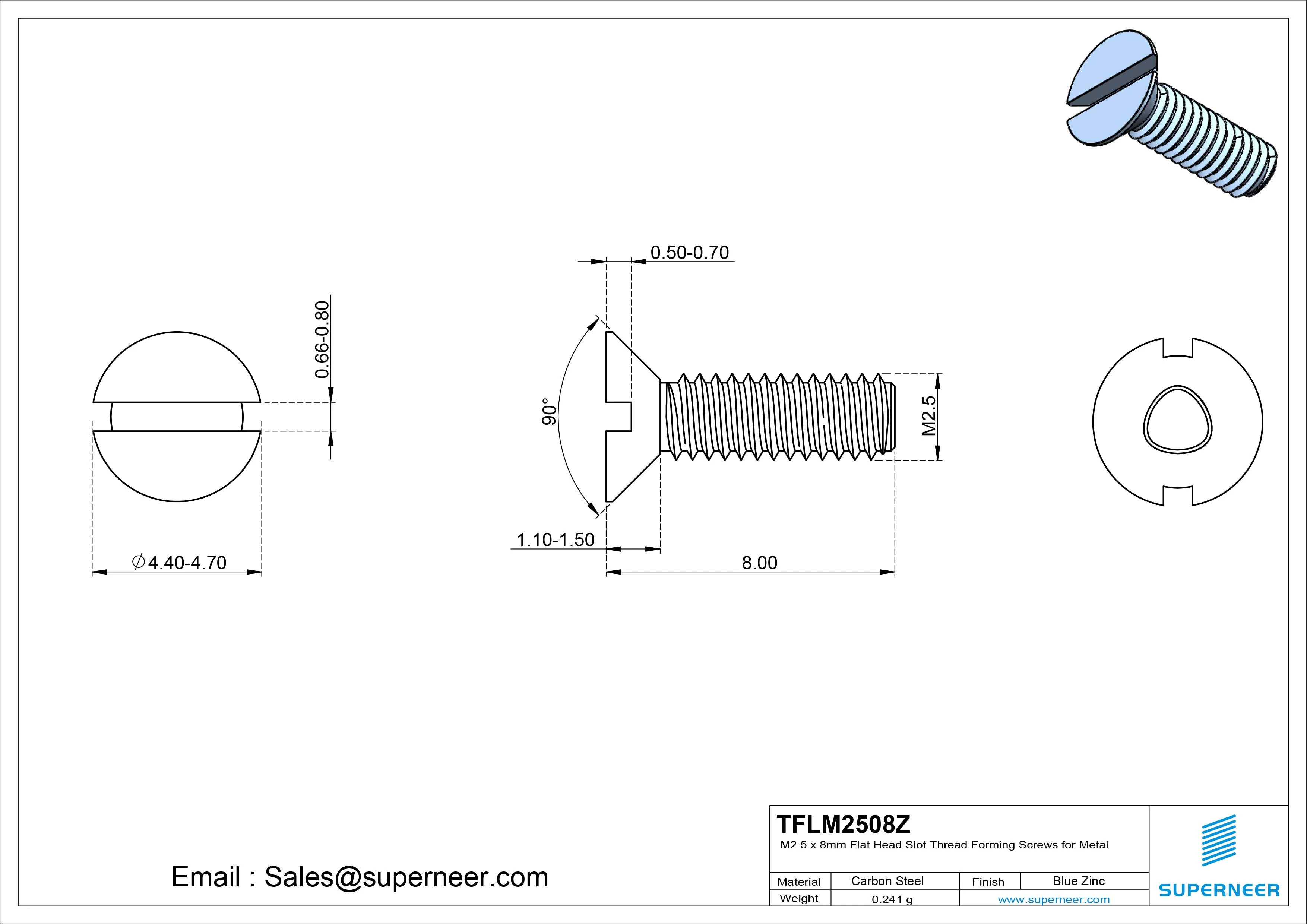 M2.5 × 8mm Flat Head Slot Thread Forming Screws for Metal Steel Blue Zinc Plated