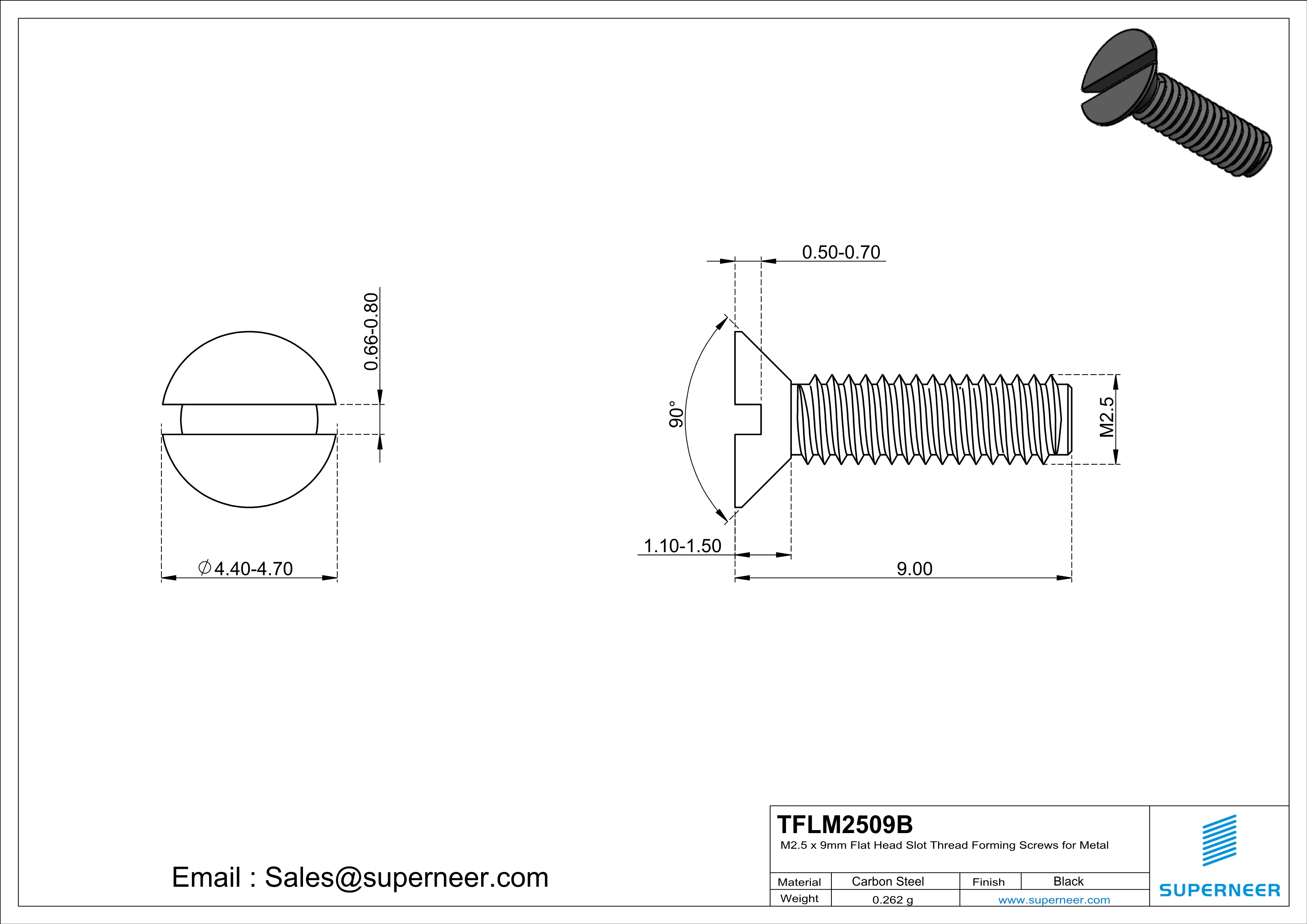 M2.5 × 9mm Flat Head Slot Thread Forming Screws for Metal Steel Black