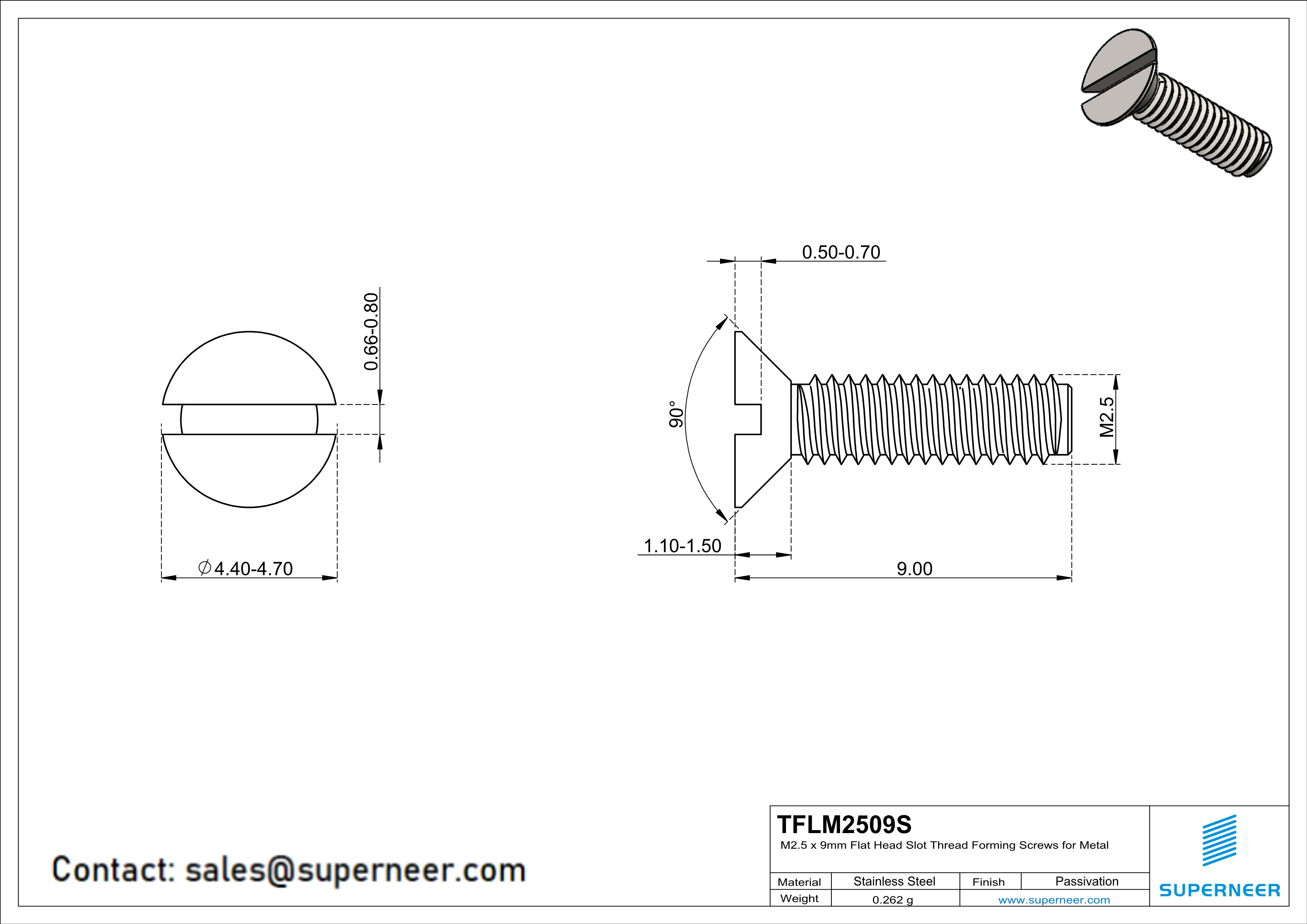 M2.5 × 9mm Flat Head Slot Thread Forming Screws for Metal SUS304 Stainless Steel Inox