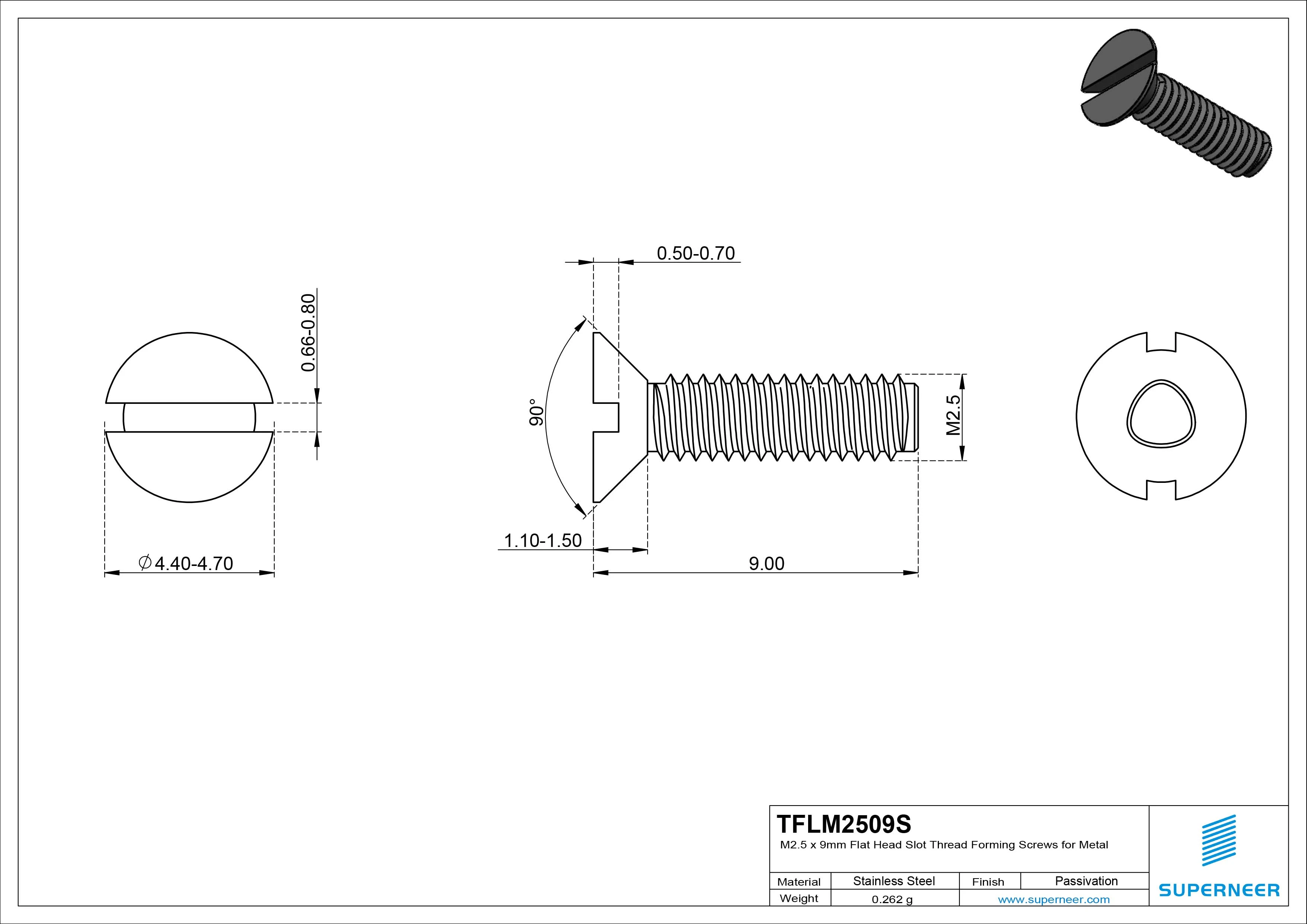 M2.5 × 9mm Flat Head Slot Thread Forming Screws for Metal SUS304 Stainless Steel Inox