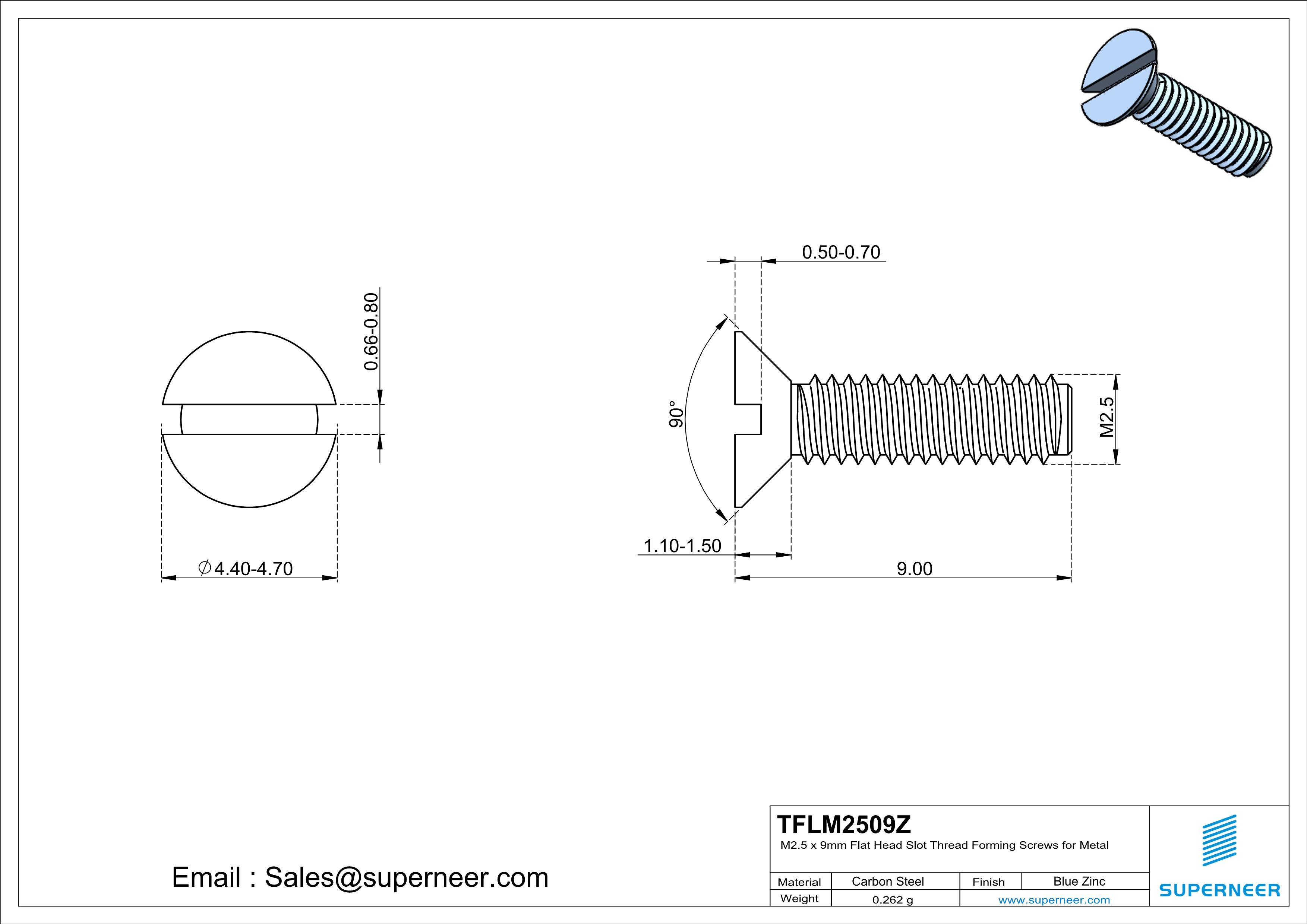 M2.5 × 9mm Flat Head Slot Thread Forming Screws for Metal Steel Blue Zinc Plated
