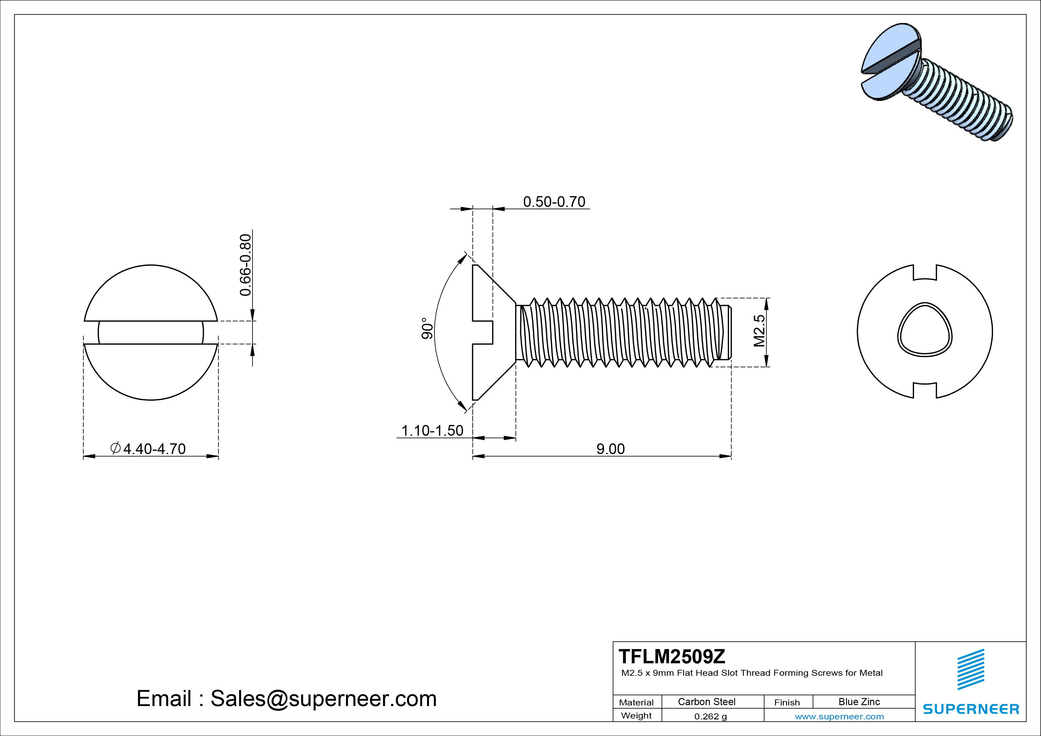 M2.5 × 9mm Flat Head Slot Thread Forming Screws for Metal Steel Blue Zinc Plated