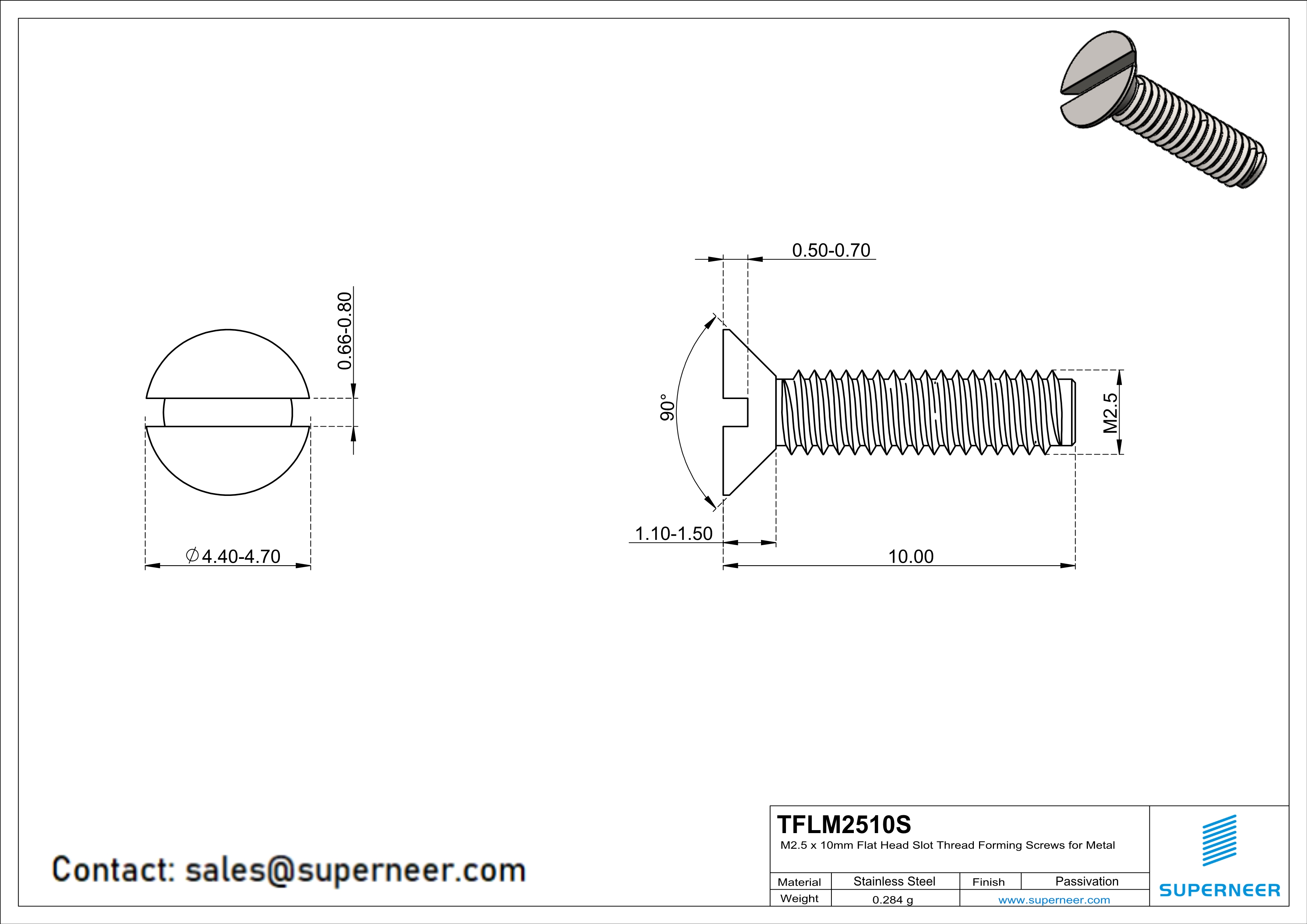 M2.5 × 10mm Flat Head Slot Thread Forming Screws for Metal SUS304 Stainless Steel Inox