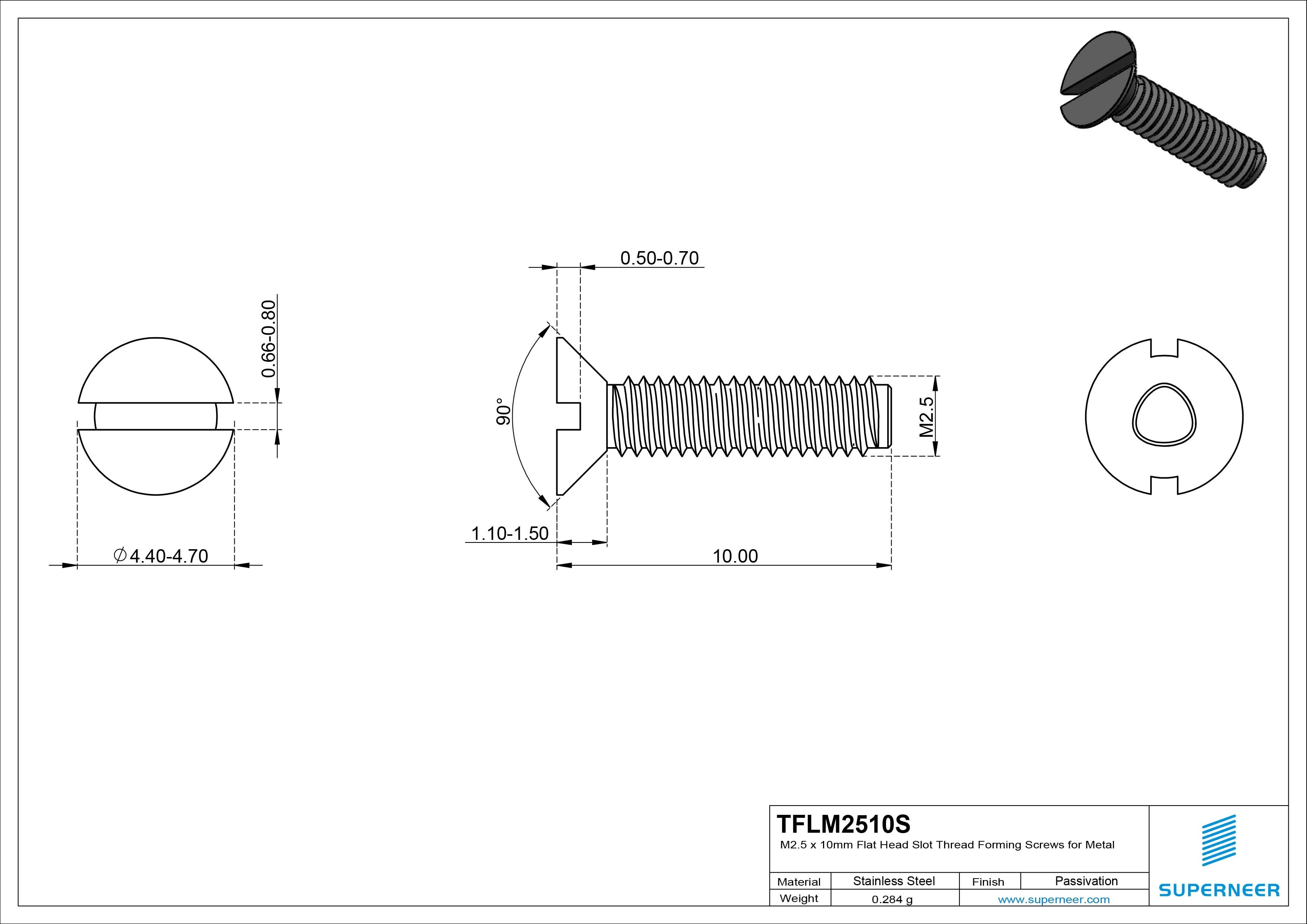 M2.5 × 10mm Flat Head Slot Thread Forming Screws for Metal SUS304 Stainless Steel Inox