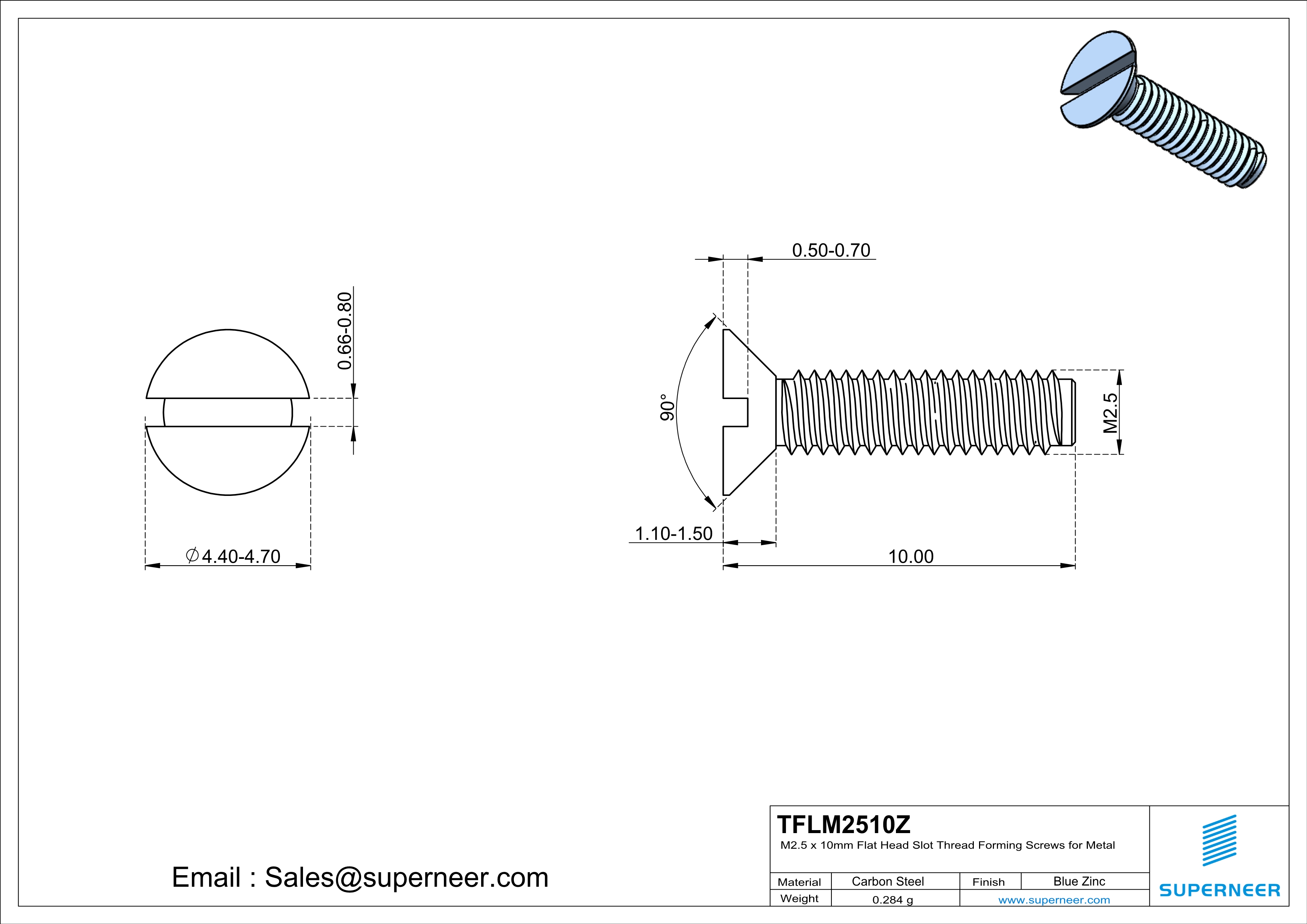 M2.5 × 10mm Flat Head Slot Thread Forming Screws for Metal Steel Blue Zinc Plated