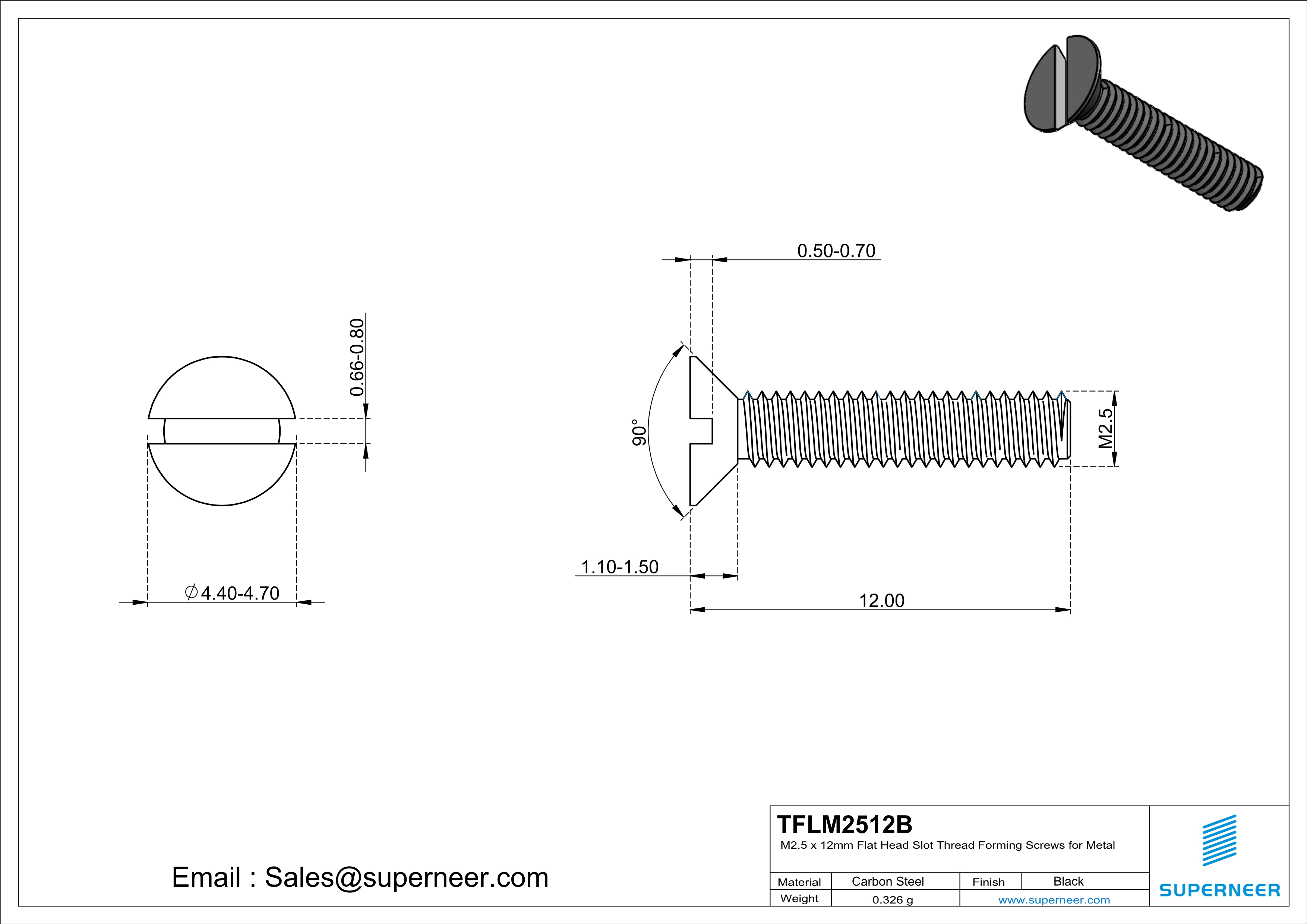M2.5 × 12mm Flat Head Slot Thread Forming Screws for Metal Steel Black