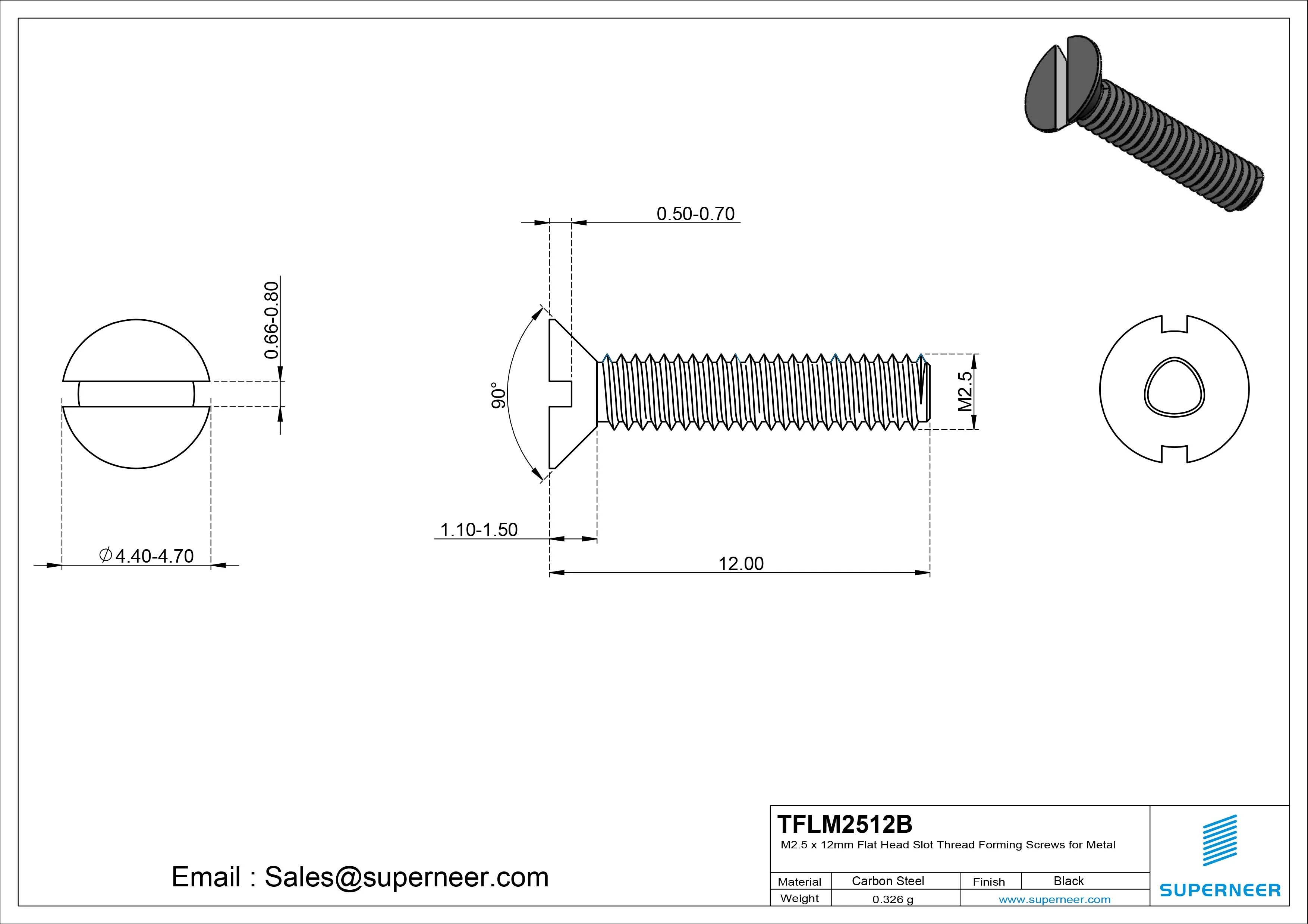 M2.5 × 12mm Flat Head Slot Thread Forming Screws for Metal Steel Black