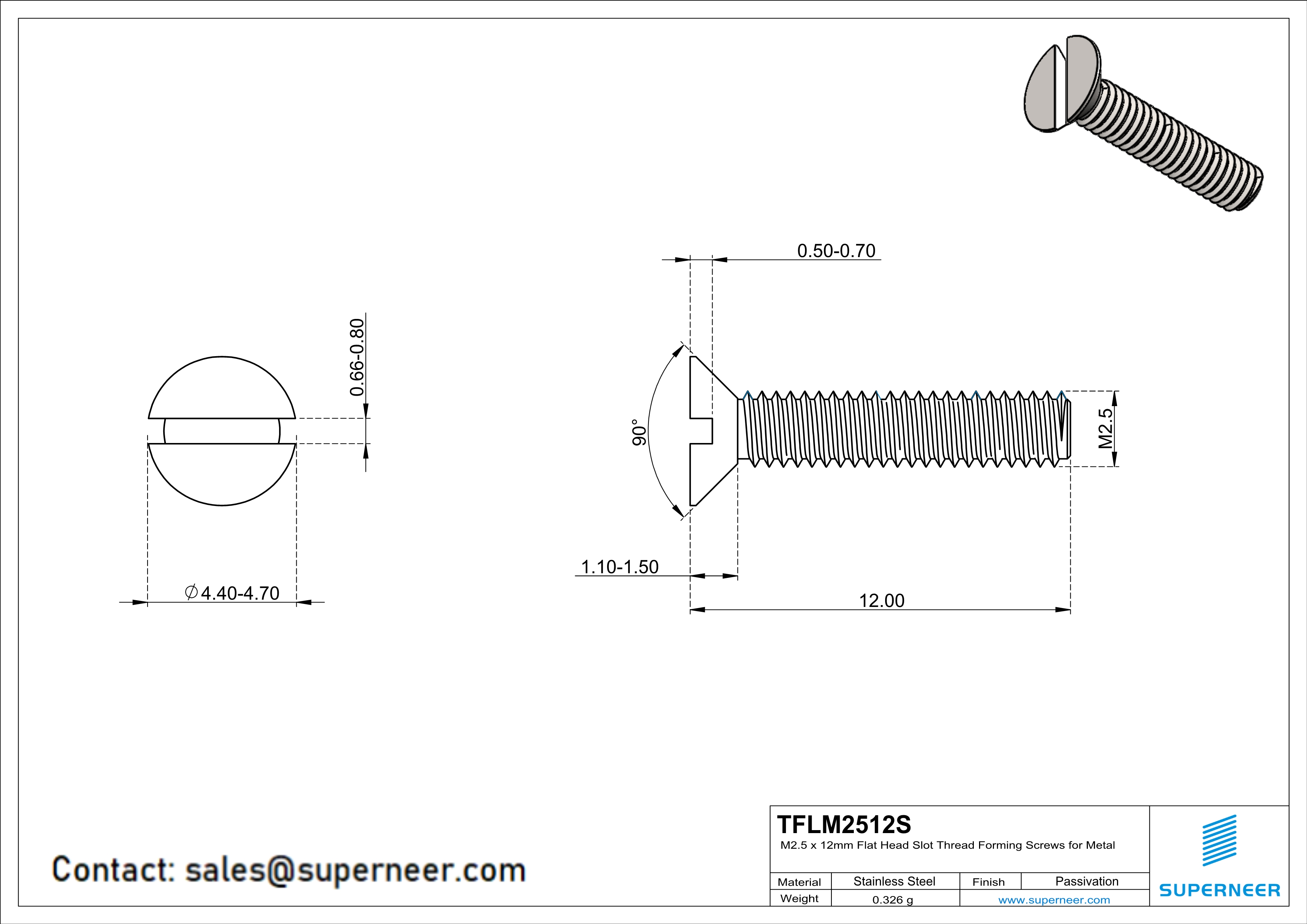 M2.5 × 12mm Flat Head Slot Thread Forming Screws for Metal SUS304 Stainless Steel Inox