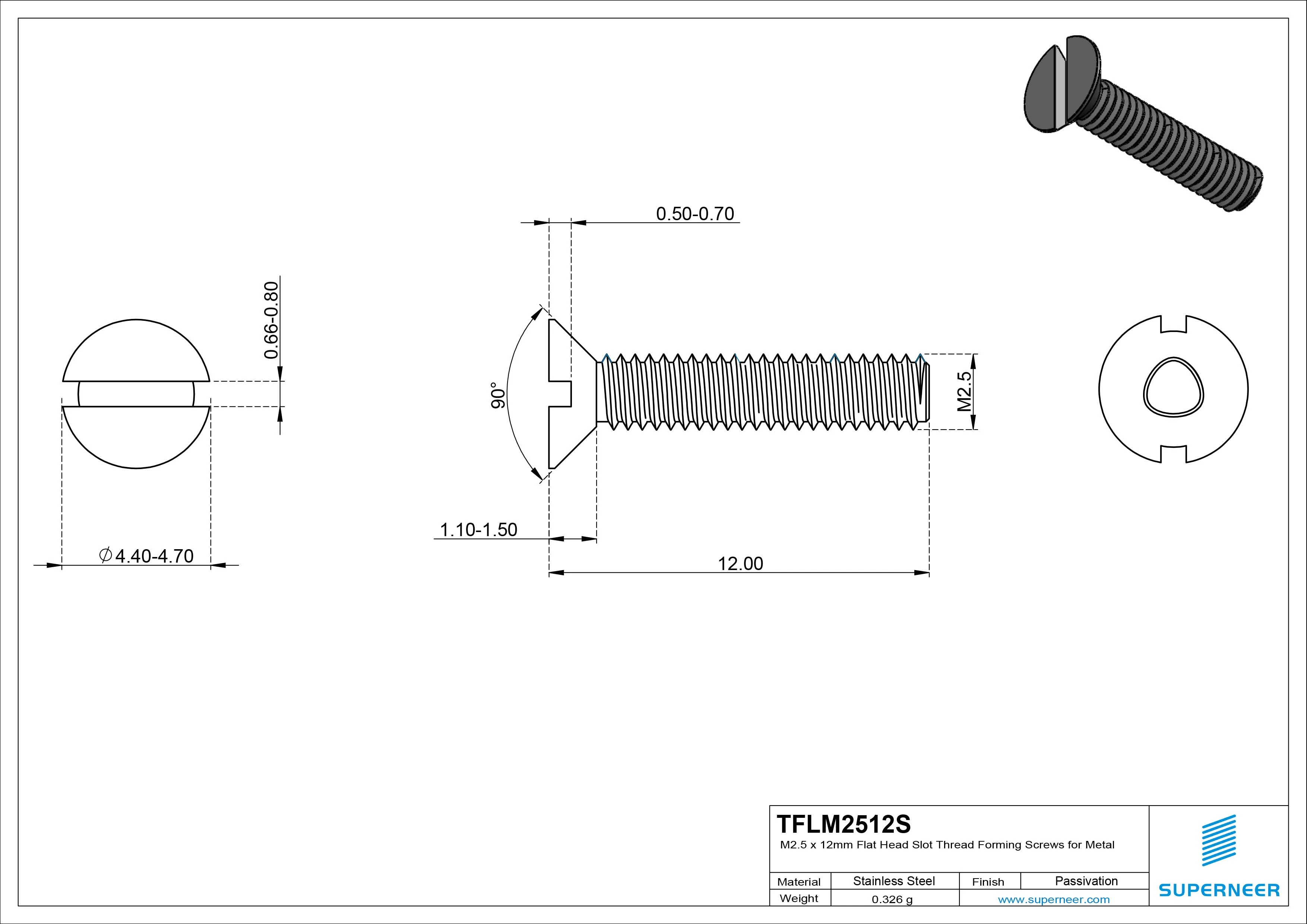 M2.5 × 12mm Flat Head Slot Thread Forming Screws for Metal SUS304 Stainless Steel Inox