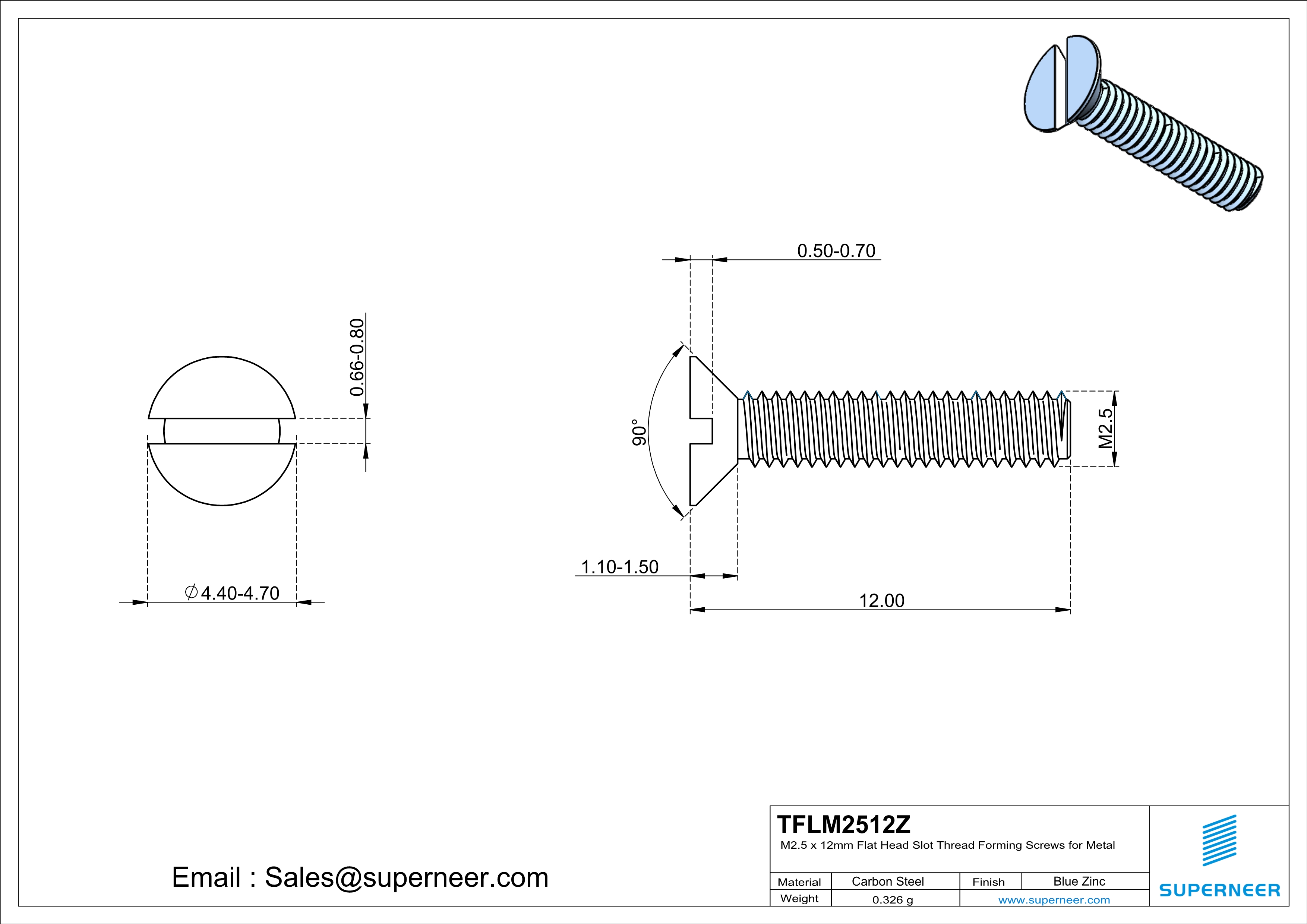 M2.5 × 12mm Flat Head Slot Thread Forming Screws for Metal Steel Blue Zinc Plated