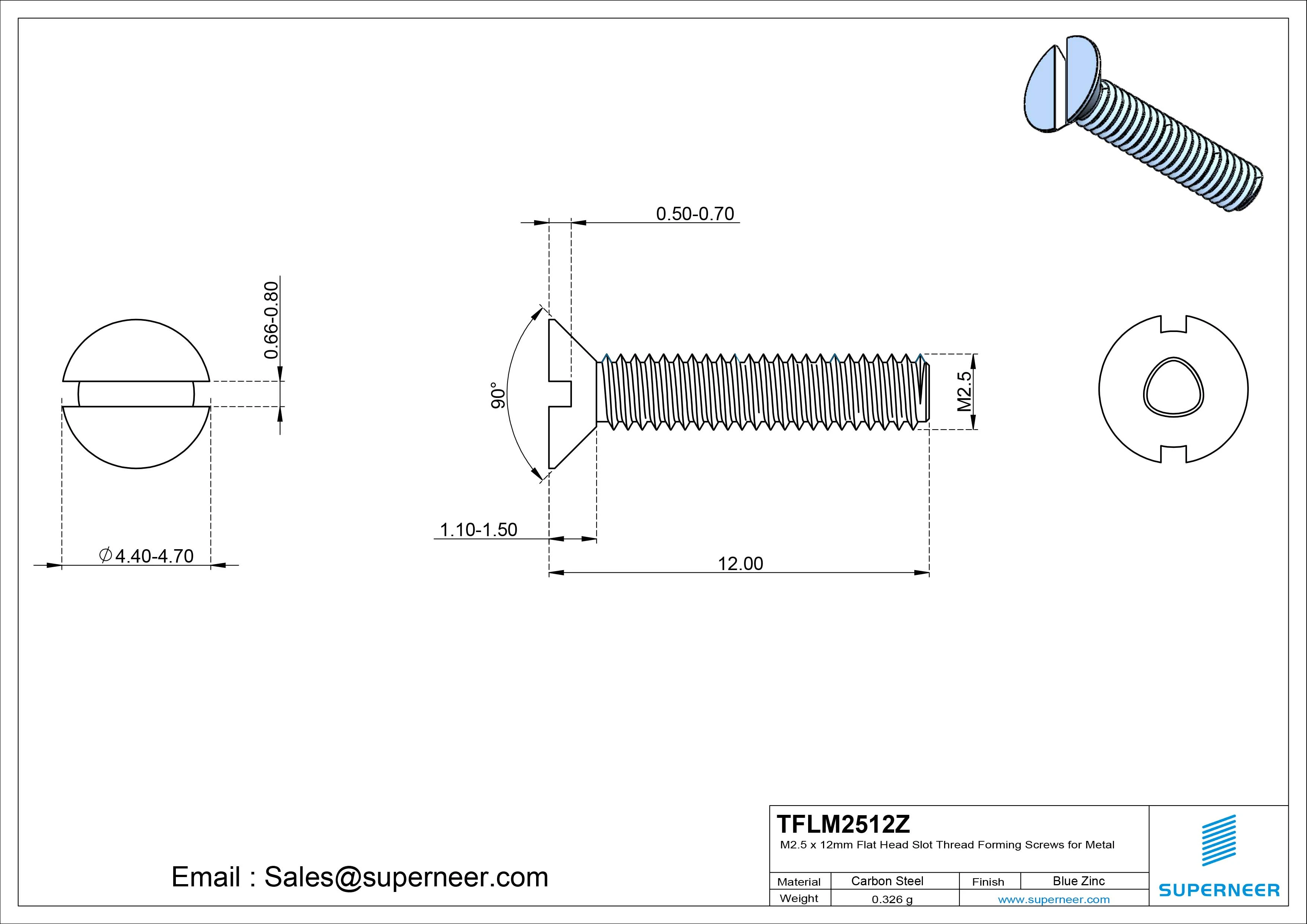 M2.5 × 12mm Flat Head Slot Thread Forming Screws for Metal Steel Blue Zinc Plated