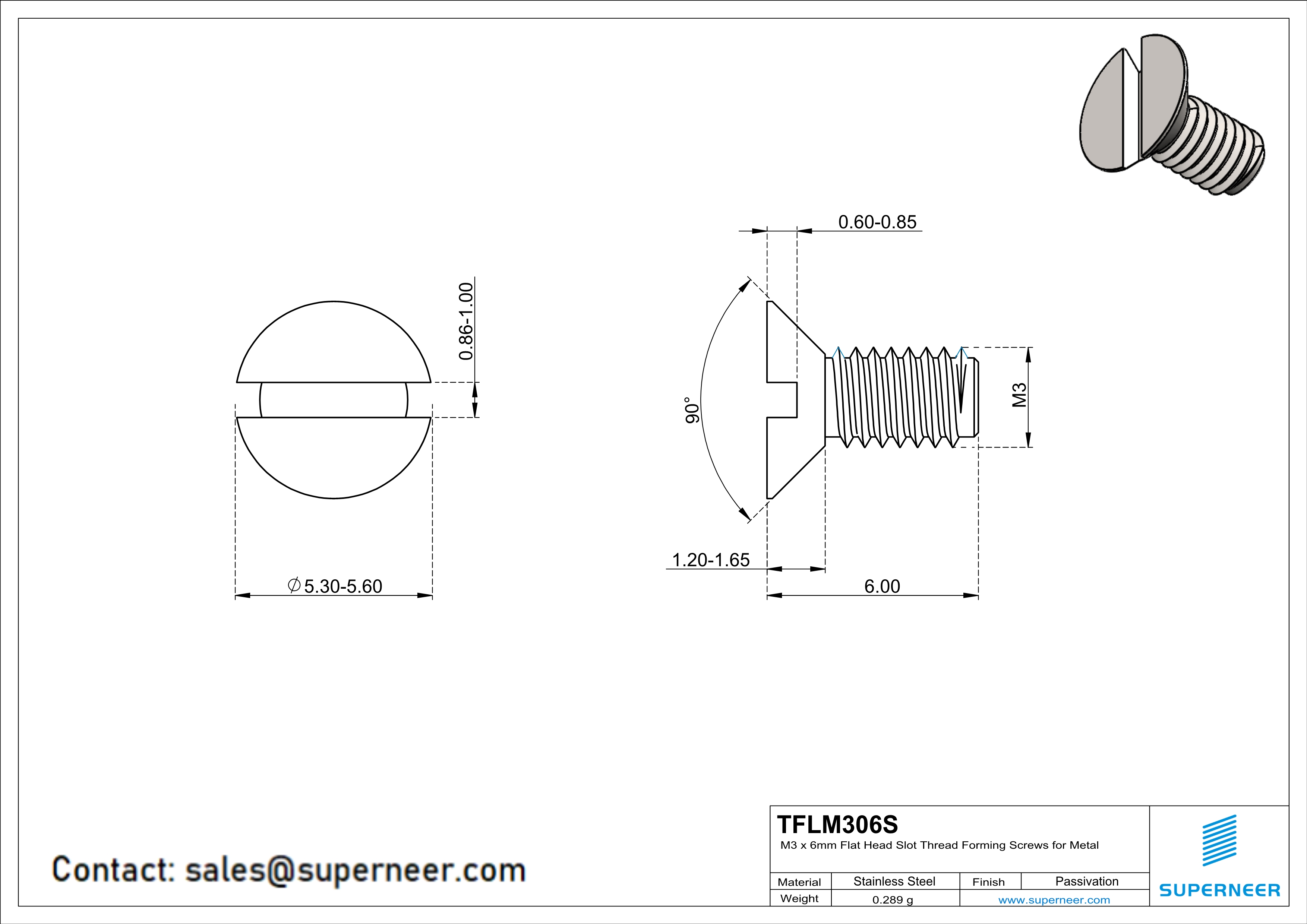 M3 × 6mm Flat Head Slot Thread Forming Screws for Metal SUS304 Stainless Steel Inox