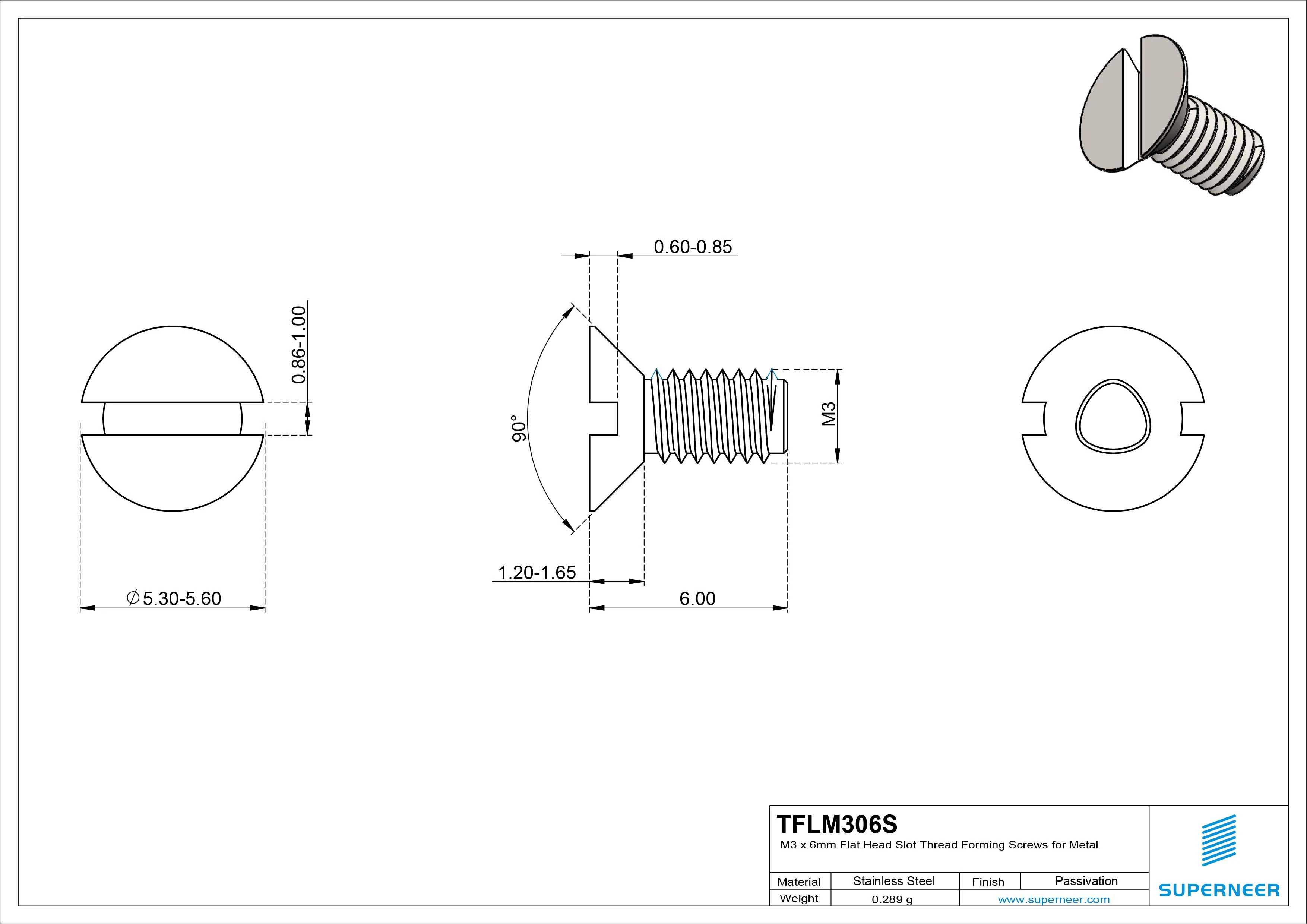 M3 × 6mm Flat Head Slot Thread Forming Screws for Metal SUS304 Stainless Steel Inox