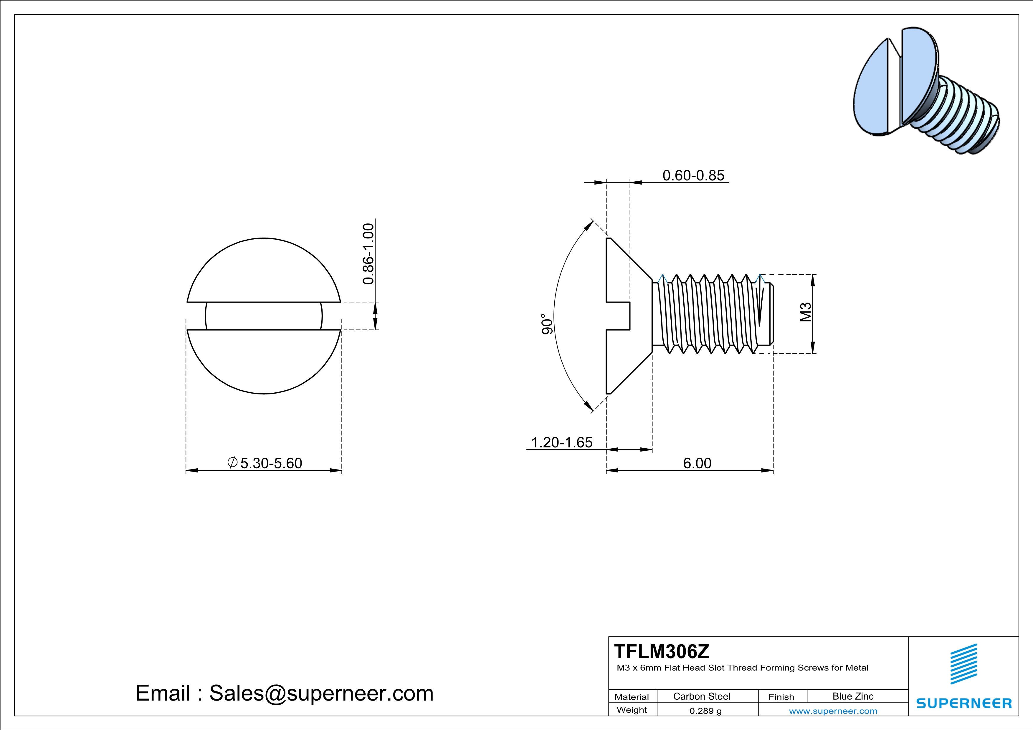 M3 × 6mm Flat Head Slot Thread Forming Screws for Metal Steel Blue Zinc Plated
