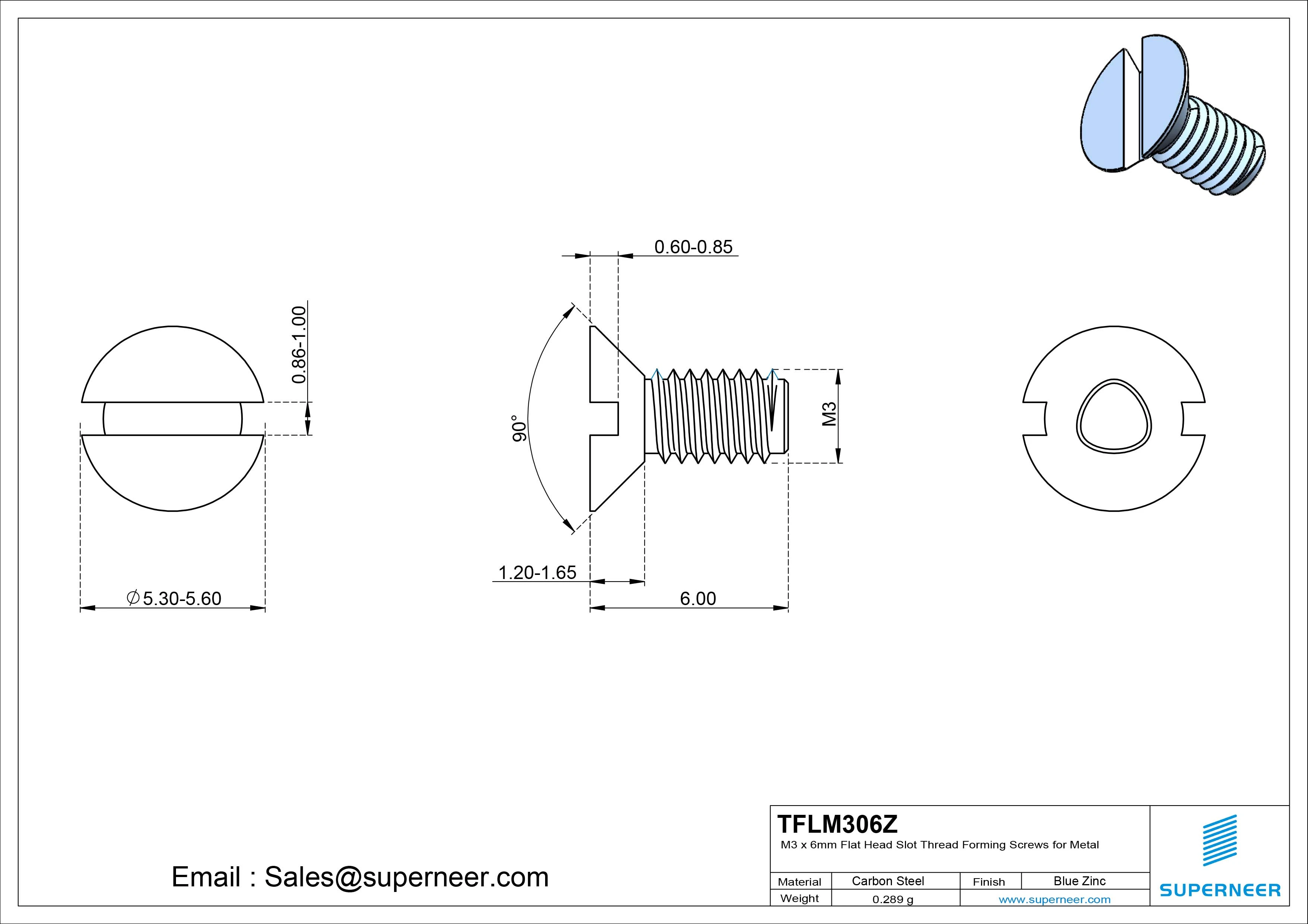 M3 × 6mm Flat Head Slot Thread Forming Screws for Metal Steel Blue Zinc Plated