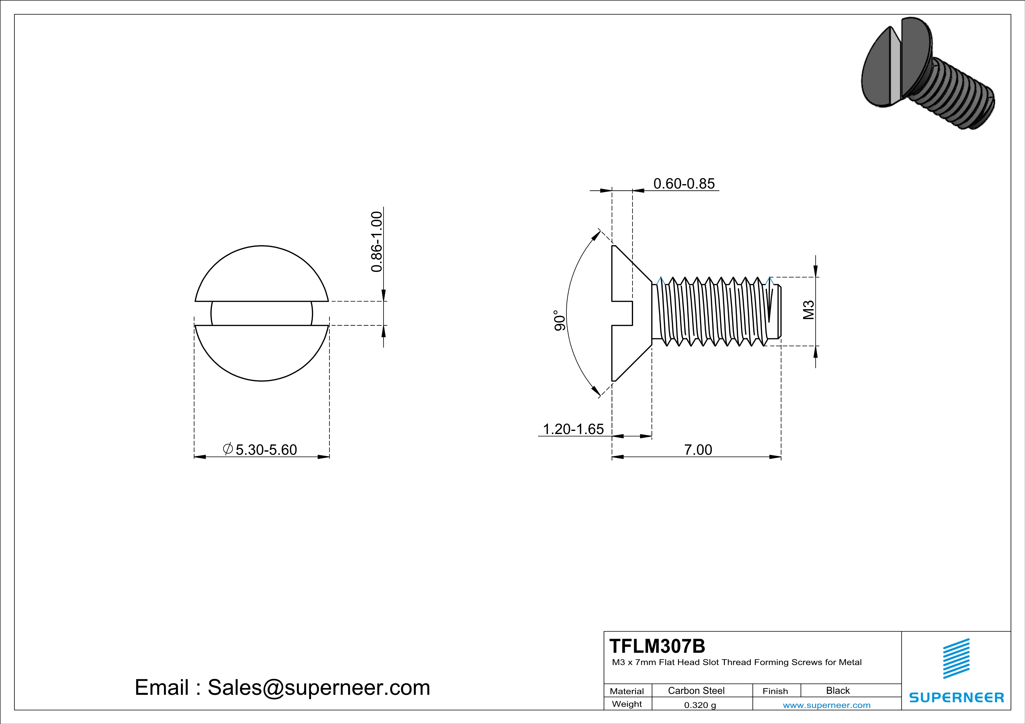 M3 × 7mm Flat Head Slot Thread Forming Screws for Metal Steel Black