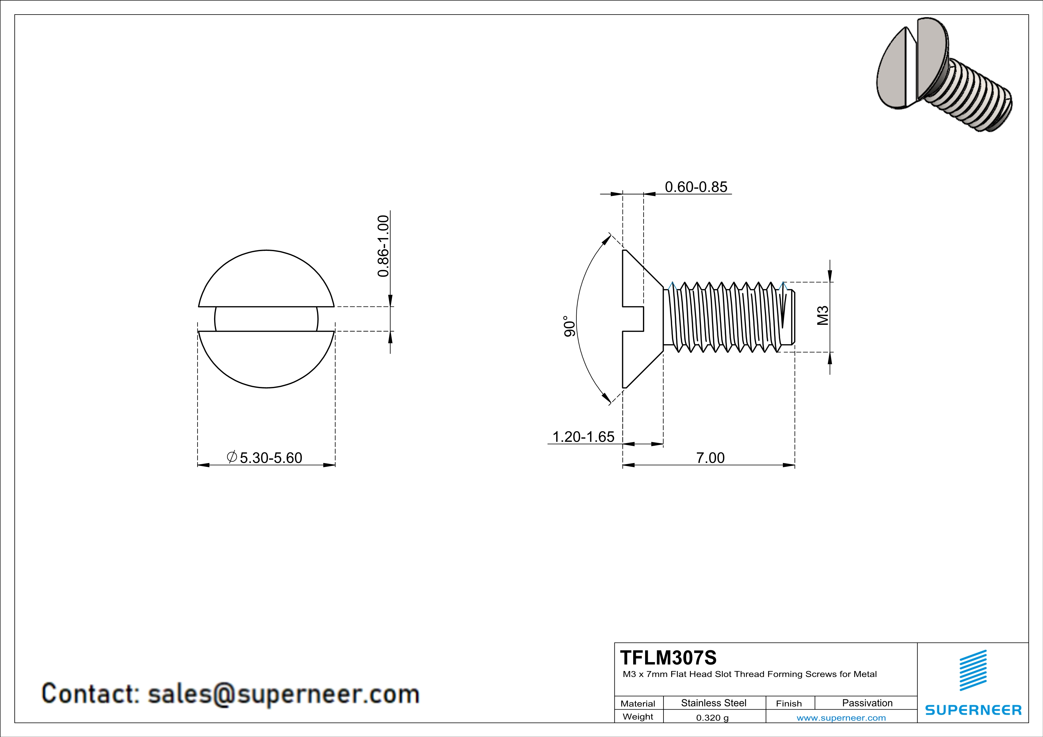 M3 × 7mm Flat Head Slot Thread Forming Screws for Metal SUS304 Stainless Steel Inox