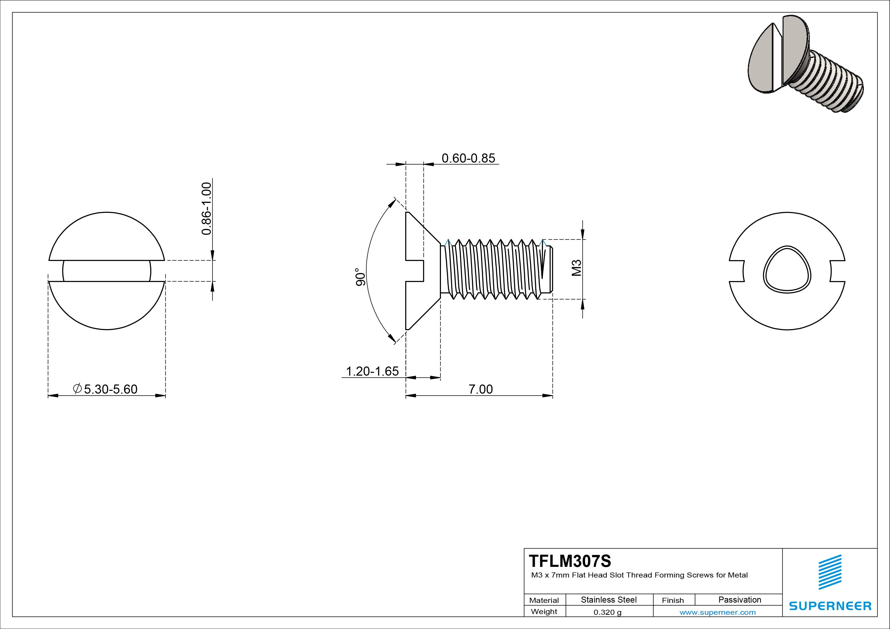 M3 × 7mm Flat Head Slot Thread Forming Screws for Metal SUS304 Stainless Steel Inox