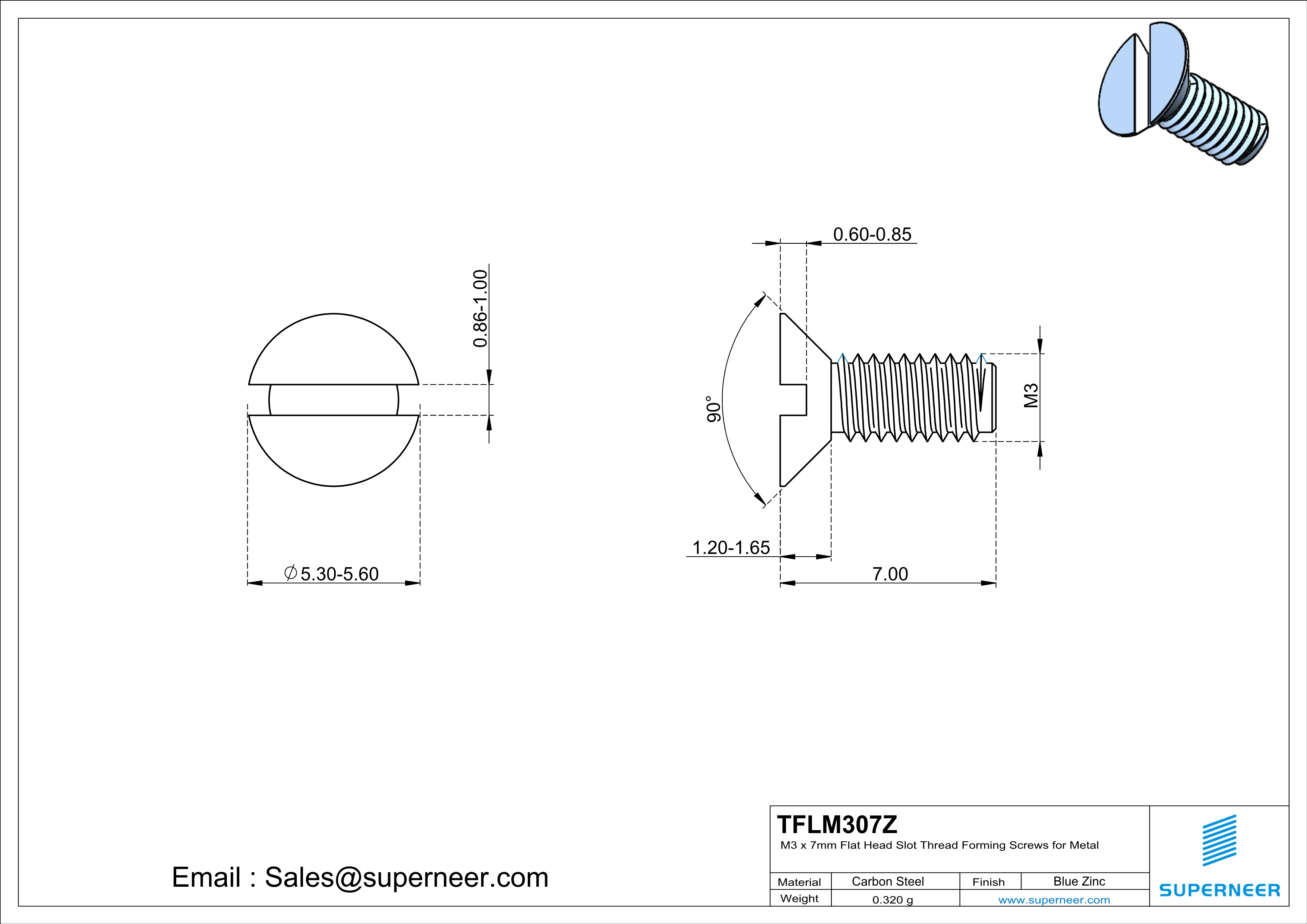 M3 × 7mm Flat Head Slot Thread Forming Screws for Metal Steel Blue Zinc Plated