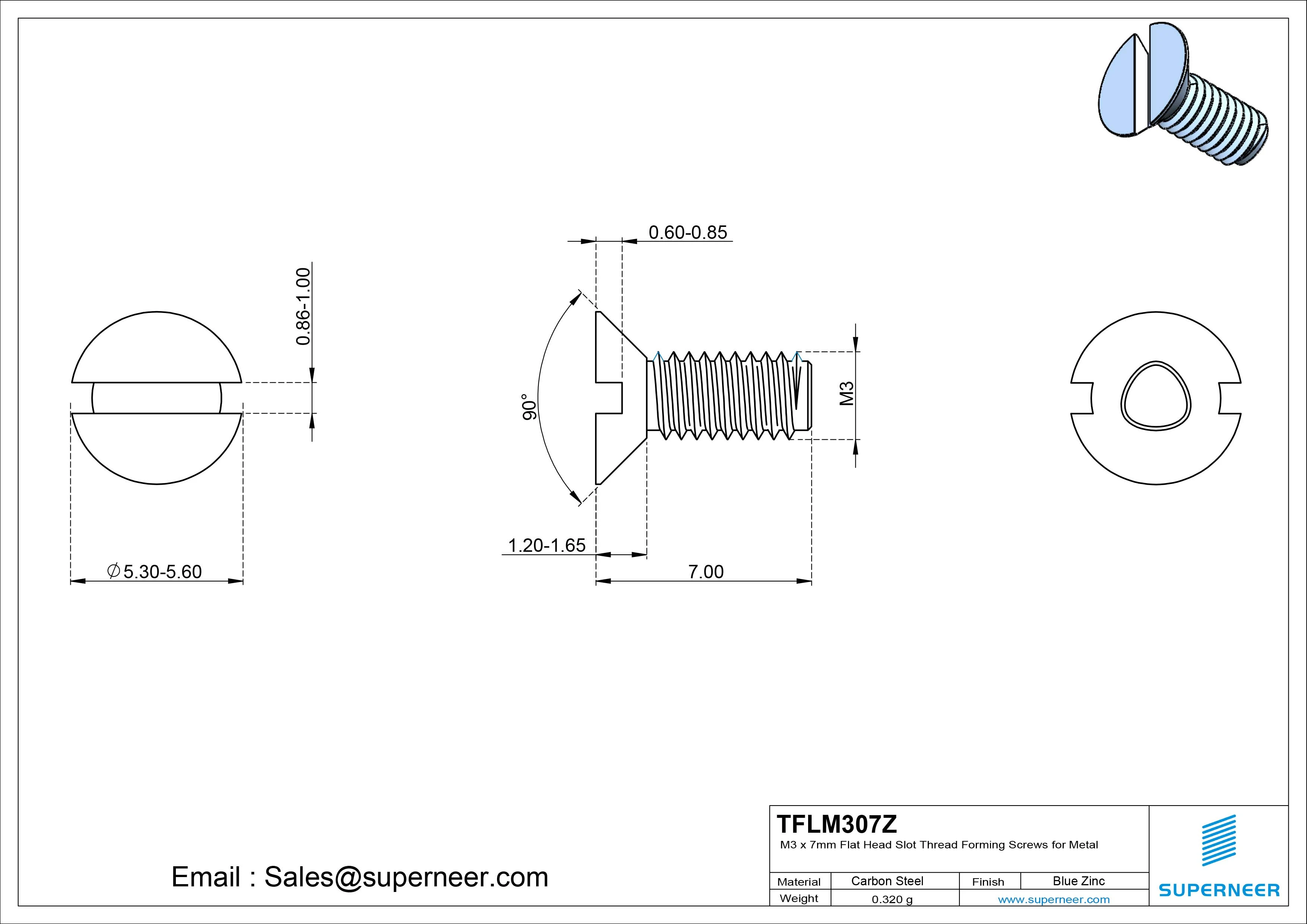 M3 × 7mm Flat Head Slot Thread Forming Screws for Metal Steel Blue Zinc Plated