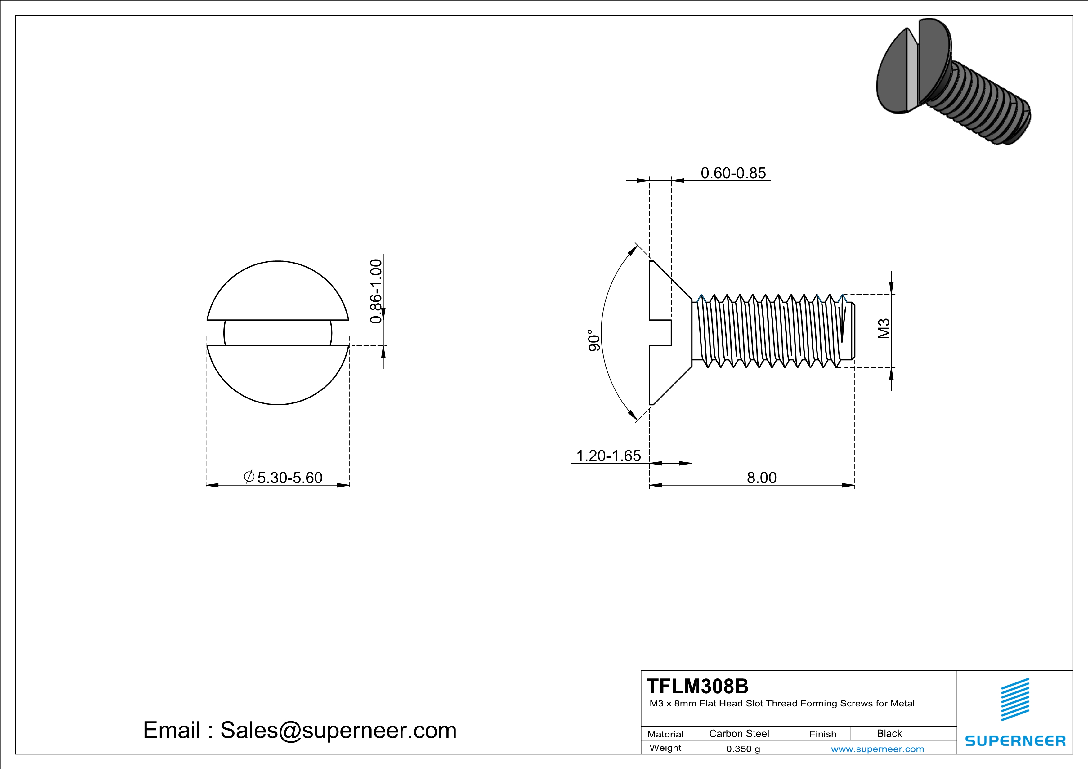 M3 × 8mm Flat Head Slot Thread Forming Screws for Metal Steel Black