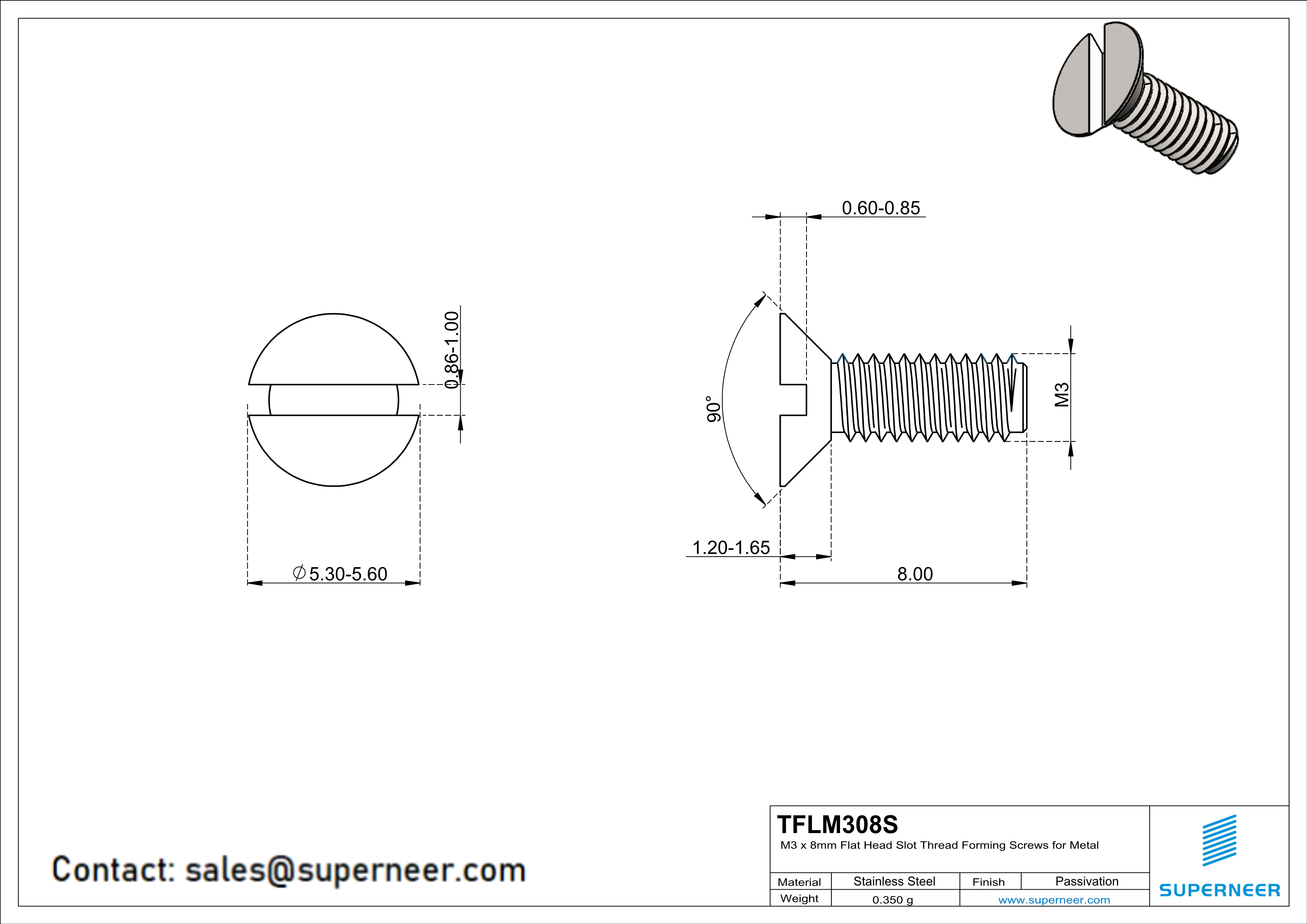 M3 × 8mm Flat Head Slot Thread Forming Screws for Metal SUS304 Stainless Steel Inox