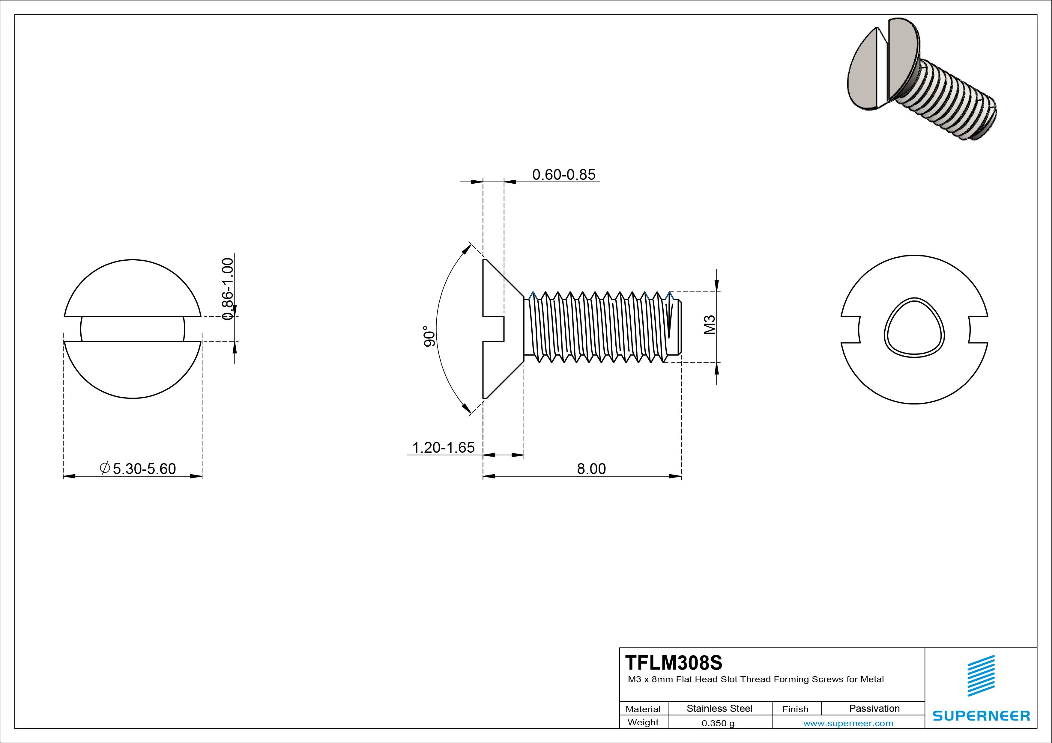 M3 × 8mm Flat Head Slot Thread Forming Screws for Metal SUS304 Stainless Steel Inox