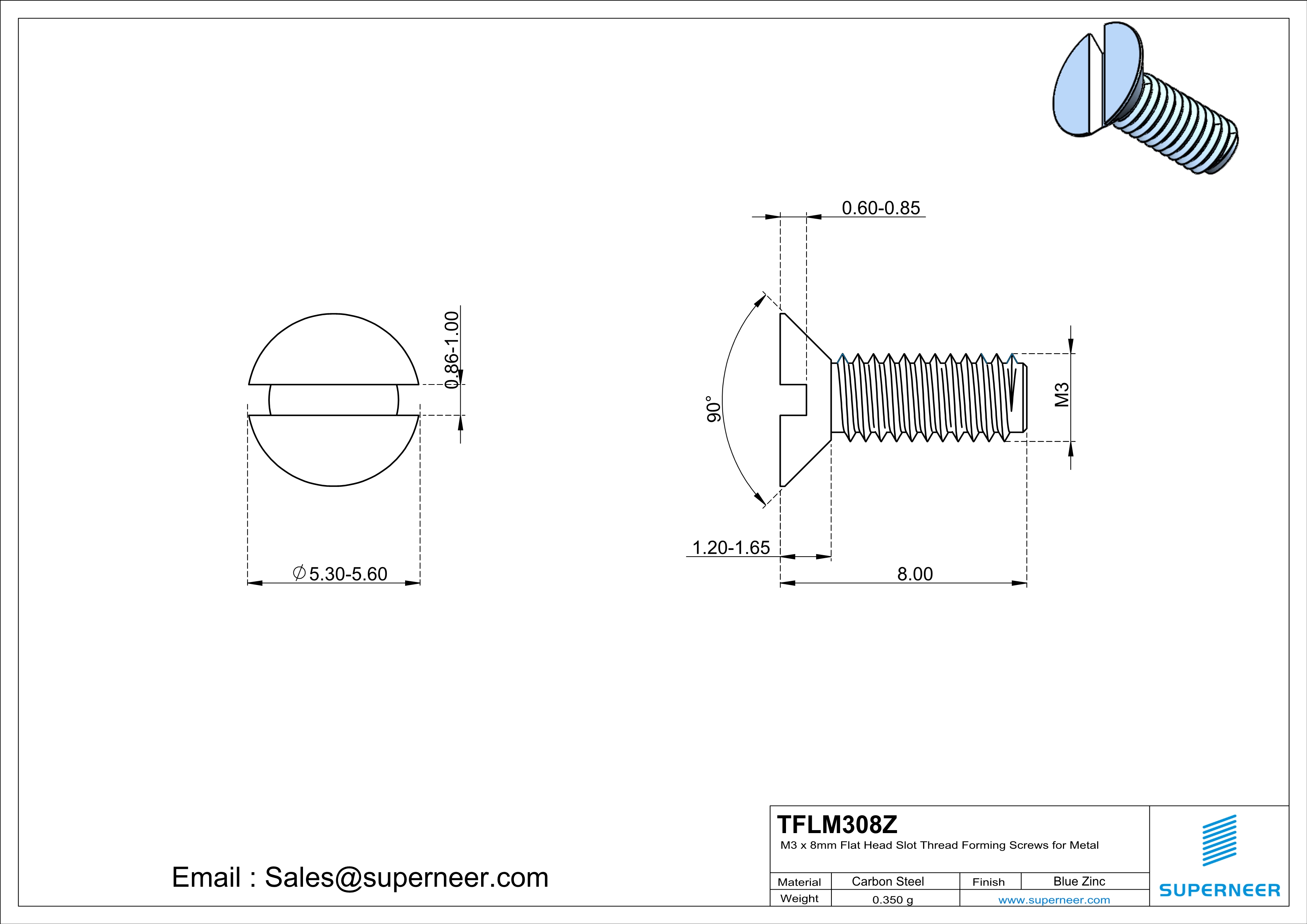 M3 × 8mm Flat Head Slot Thread Forming Screws for Metal Steel Blue Zinc Plated