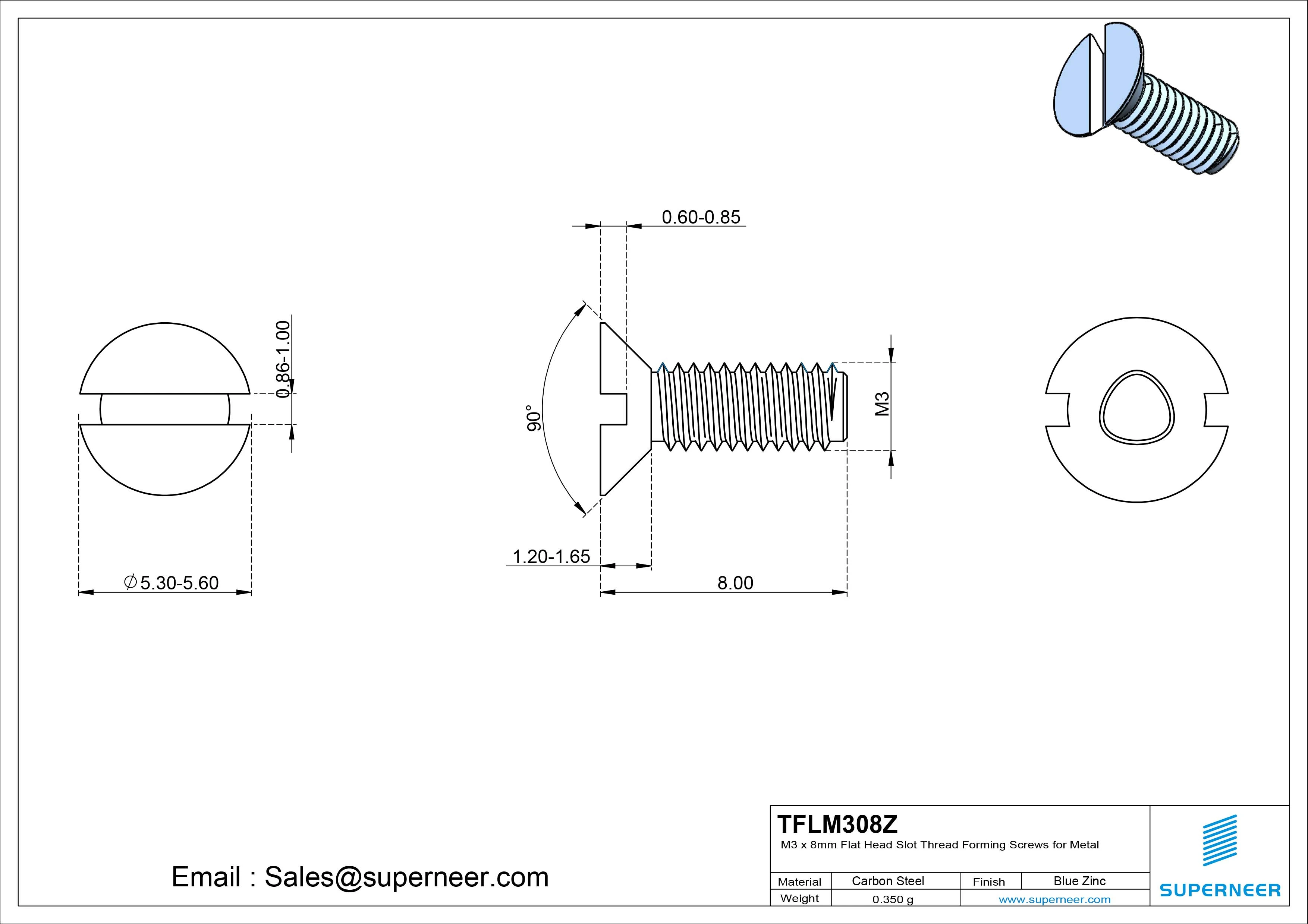 M3 × 8mm Flat Head Slot Thread Forming Screws for Metal Steel Blue Zinc Plated