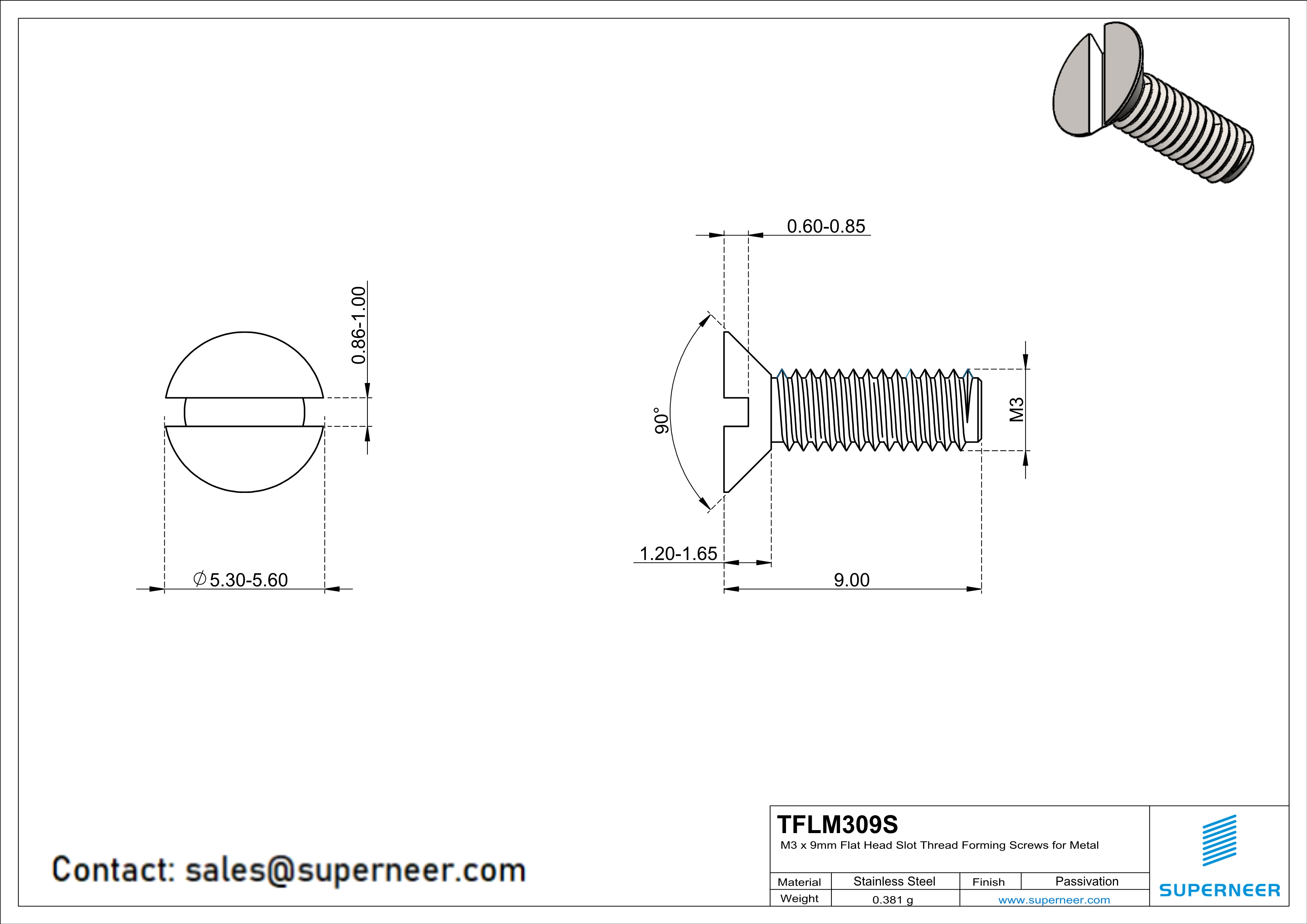 M3 × 9mm Flat Head Slot Thread Forming Screws for Metal SUS304 Stainless Steel Inox
