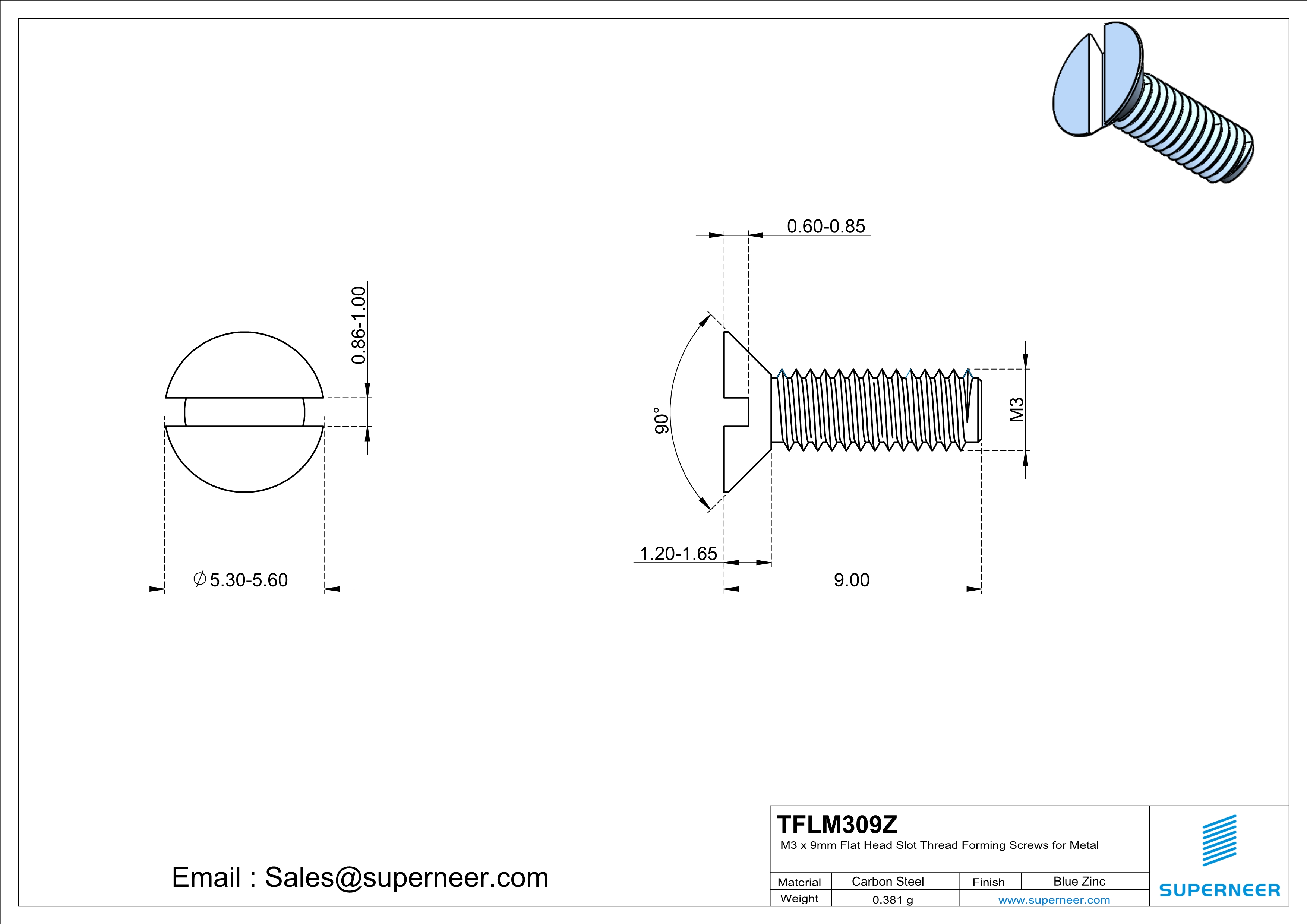 M3 × 9mm Flat Head Slot Thread Forming Screws for Metal Steel Blue Zinc Plated