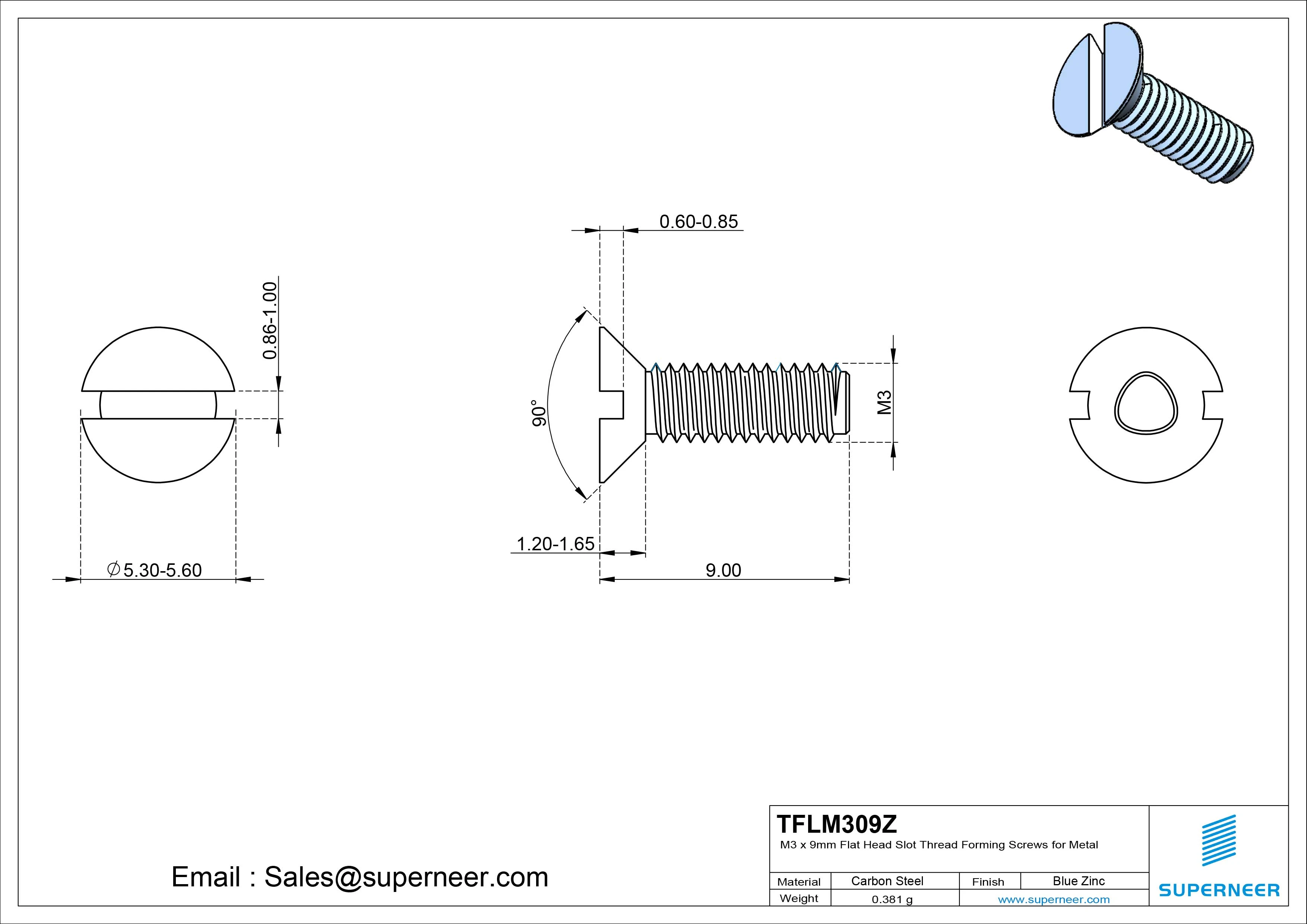 M3 × 9mm Flat Head Slot Thread Forming Screws for Metal Steel Blue Zinc Plated