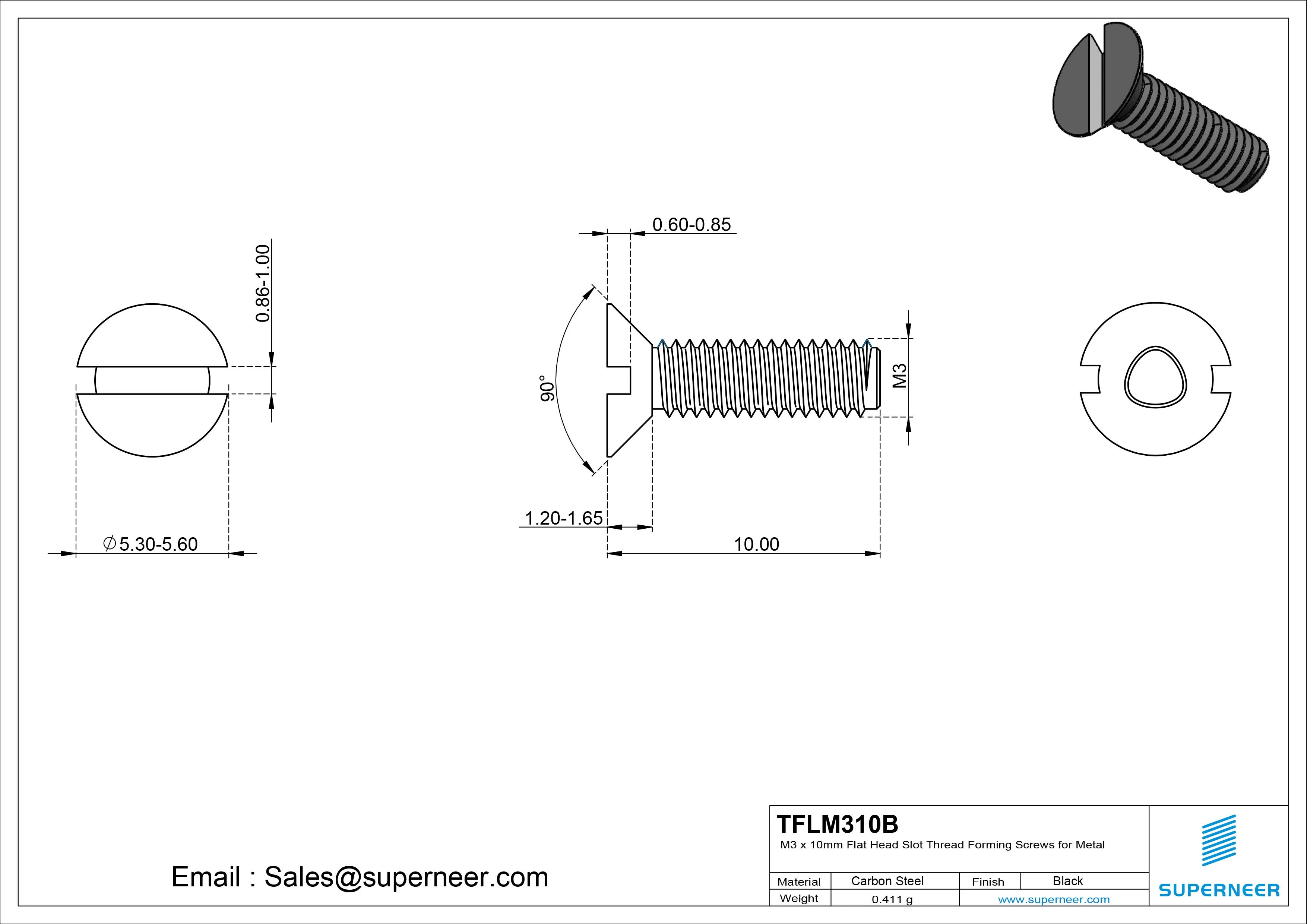 M3 × 10mm Flat Head Slot Thread Forming Screws for Metal Steel Black