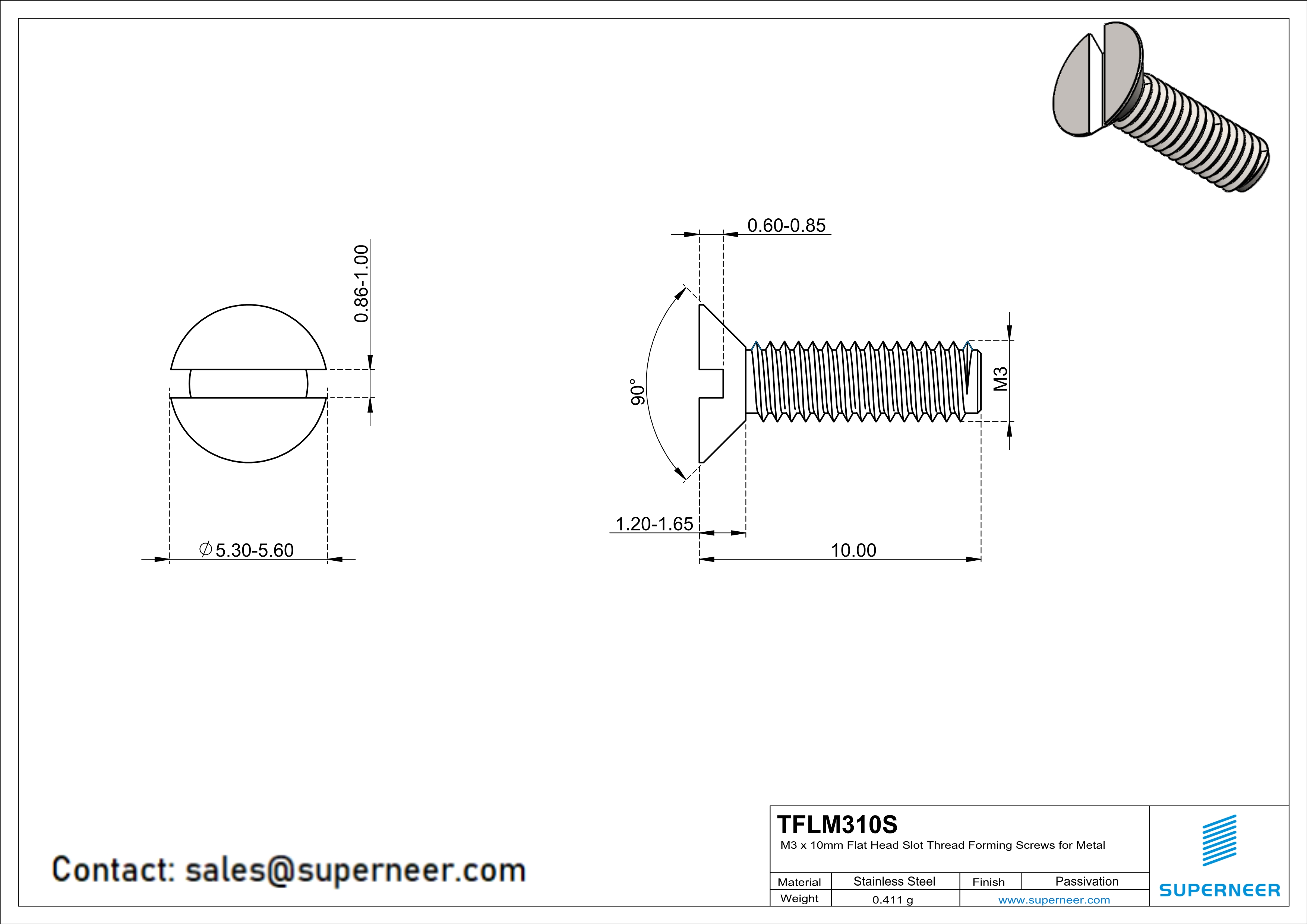 M3 × 10mm Flat Head Slot Thread Forming Screws for Metal SUS304 Stainless Steel Inox