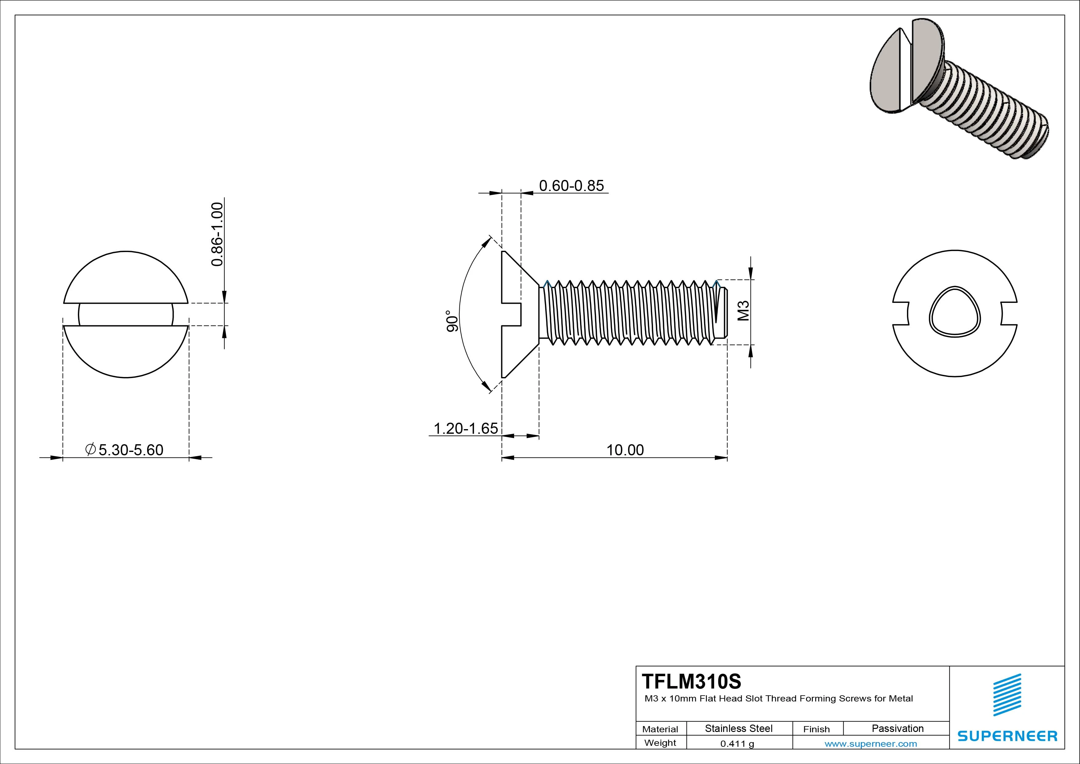 M3 × 10mm Flat Head Slot Thread Forming Screws for Metal SUS304 Stainless Steel Inox