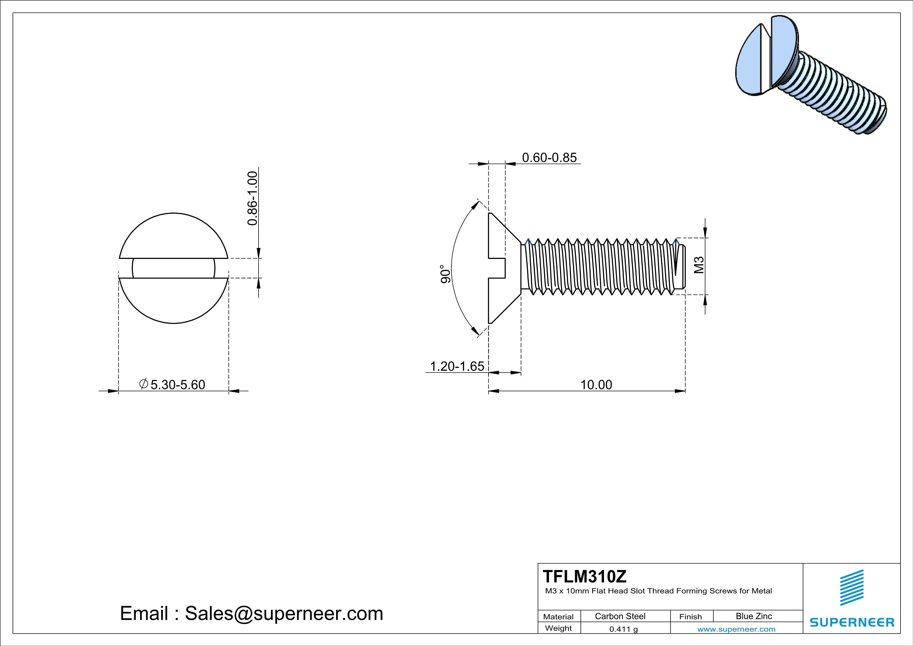 M3 × 10mm Flat Head Slot Thread Forming Screws for Metal Steel Blue Zinc Plated