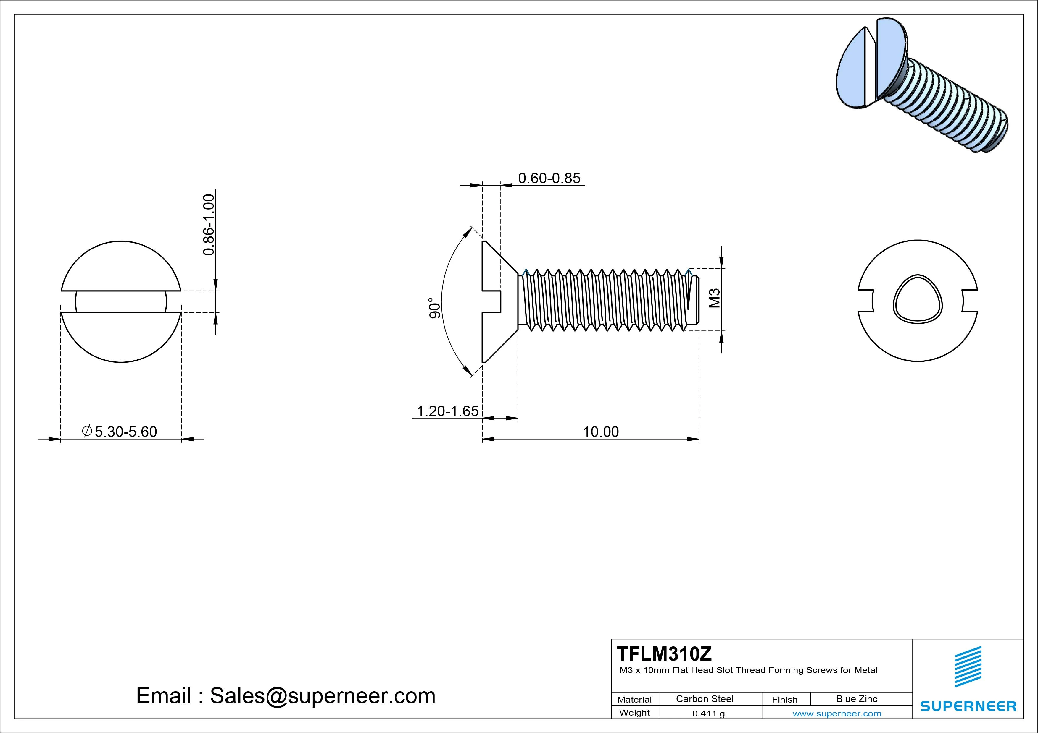 M3 × 10mm Flat Head Slot Thread Forming Screws for Metal Steel Blue Zinc Plated