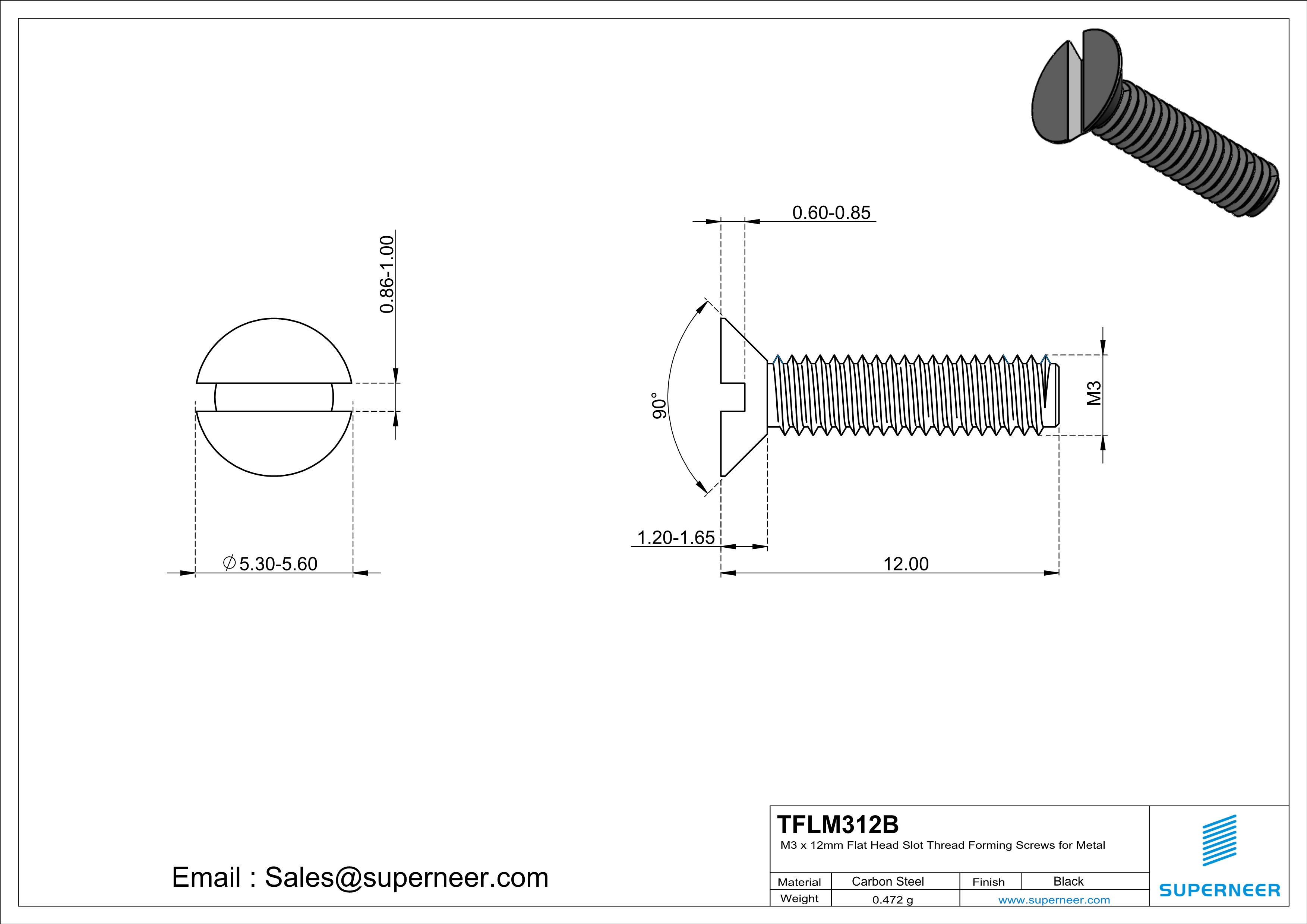 M3 × 12mm Flat Head Slot Thread Forming Screws for Metal Steel Black
