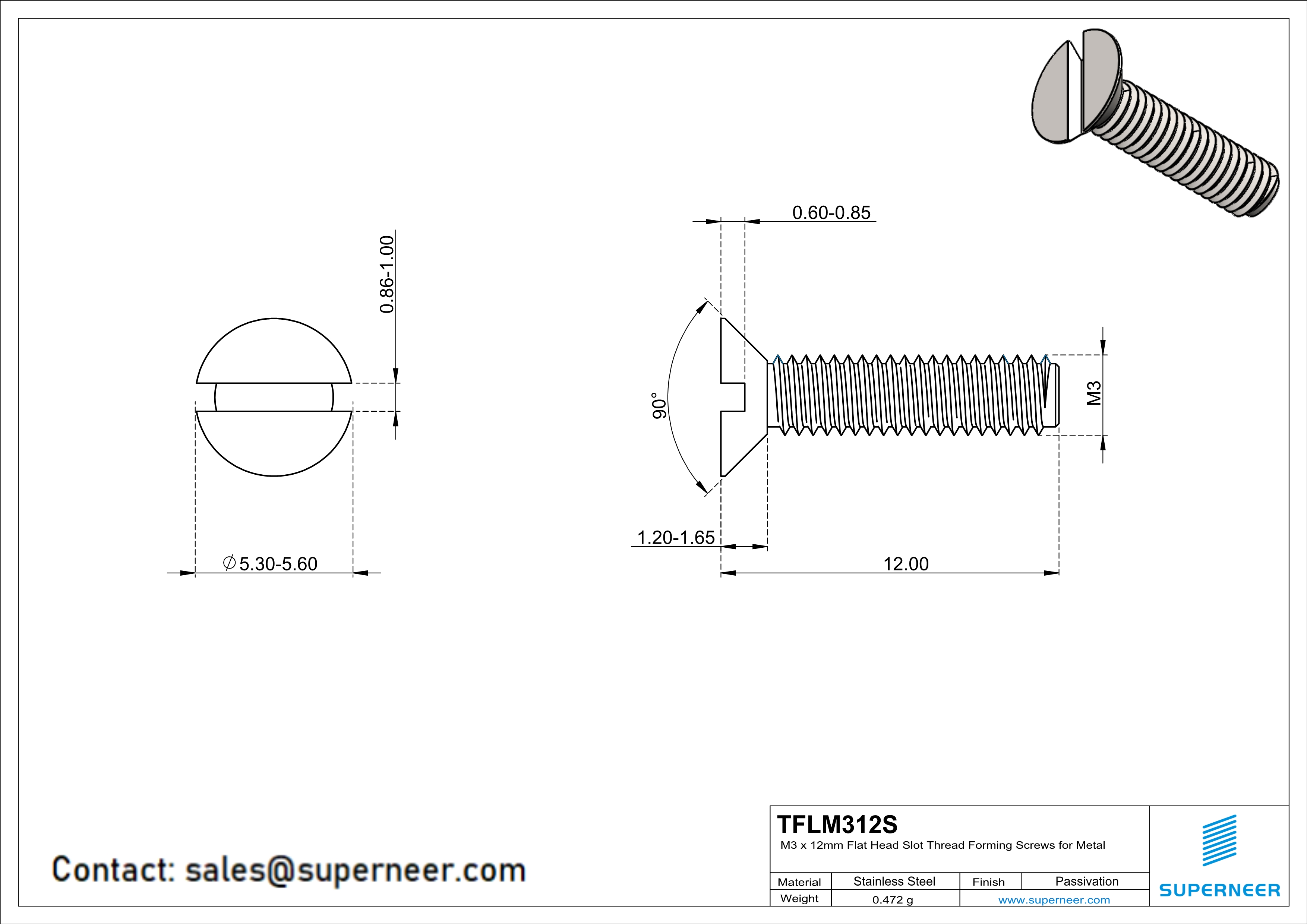 M3 × 12mm Flat Head Slot Thread Forming Screws for Metal SUS304 Stainless Steel Inox