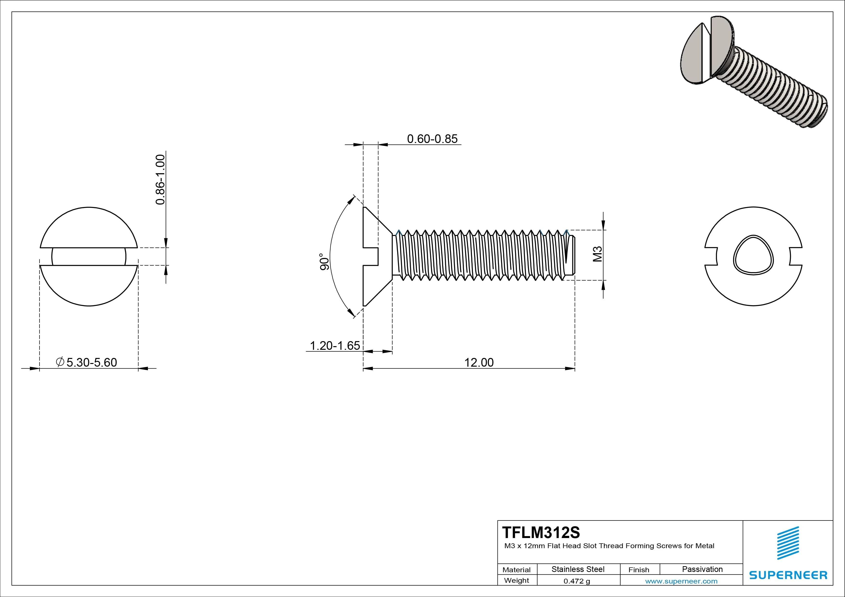 M3 × 12mm Flat Head Slot Thread Forming Screws for Metal SUS304 Stainless Steel Inox