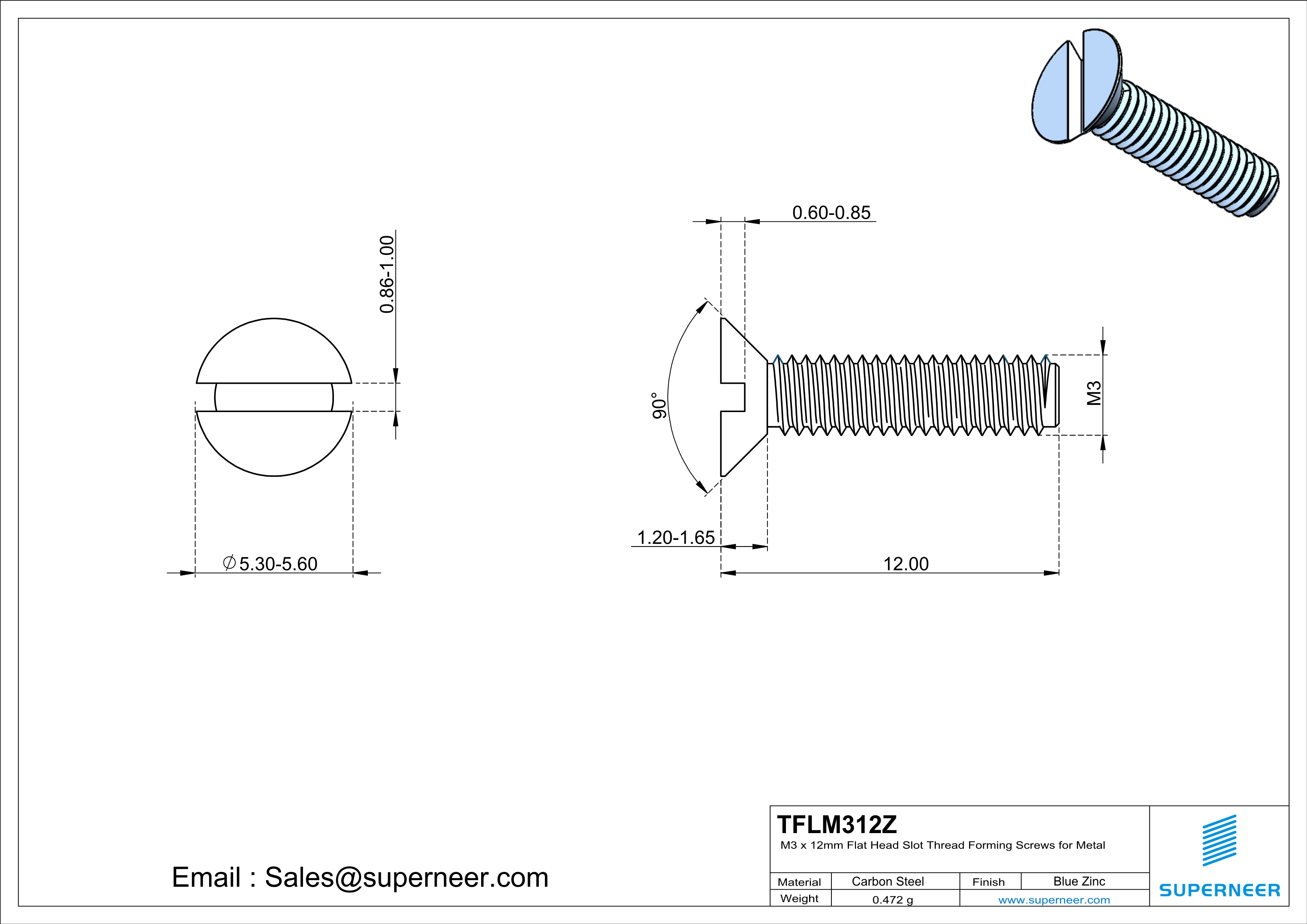 M3 × 12mm Flat Head Slot Thread Forming Screws for Metal Steel Blue Zinc Plated
