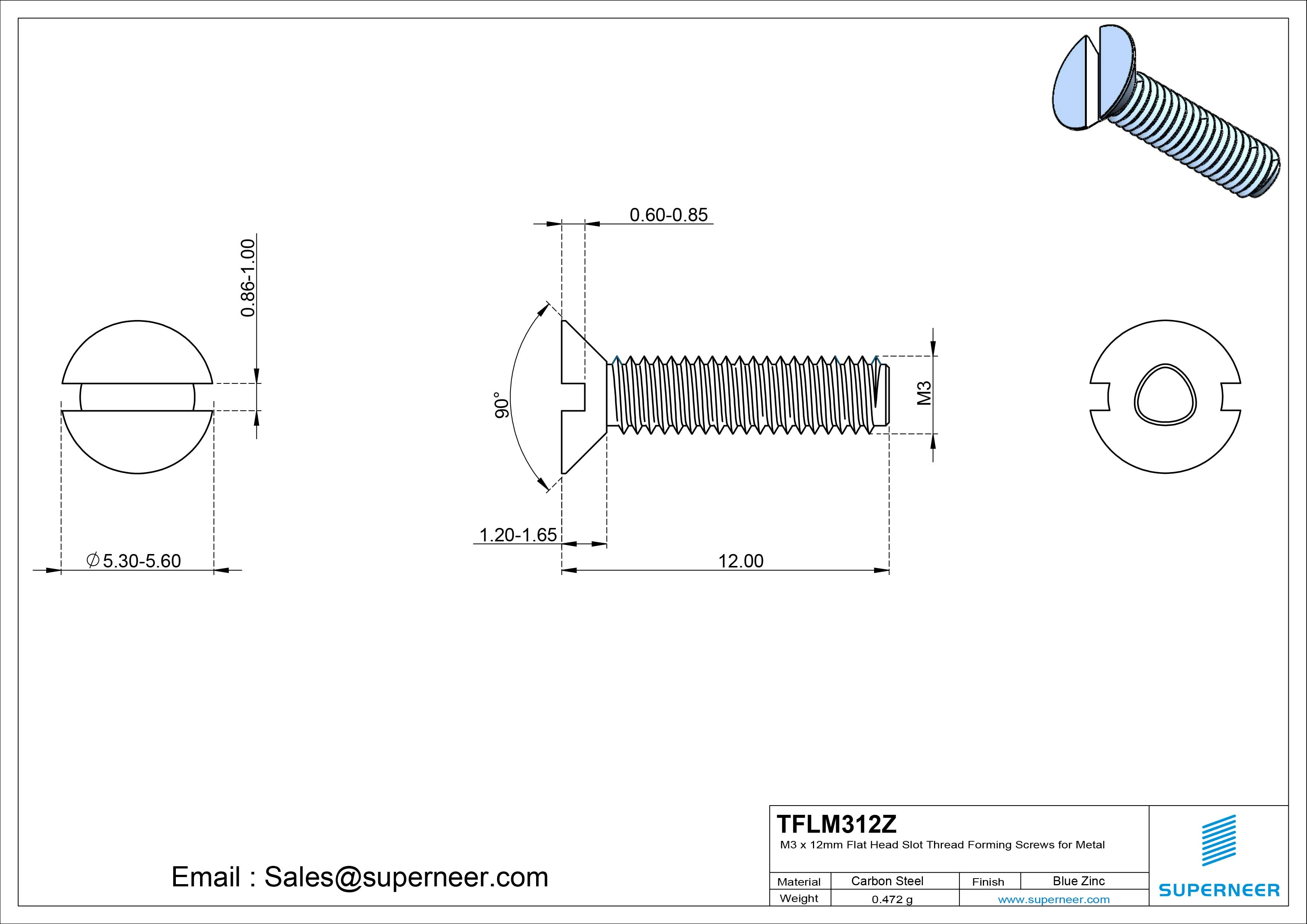 M3 × 12mm Flat Head Slot Thread Forming Screws for Metal Steel Blue Zinc Plated