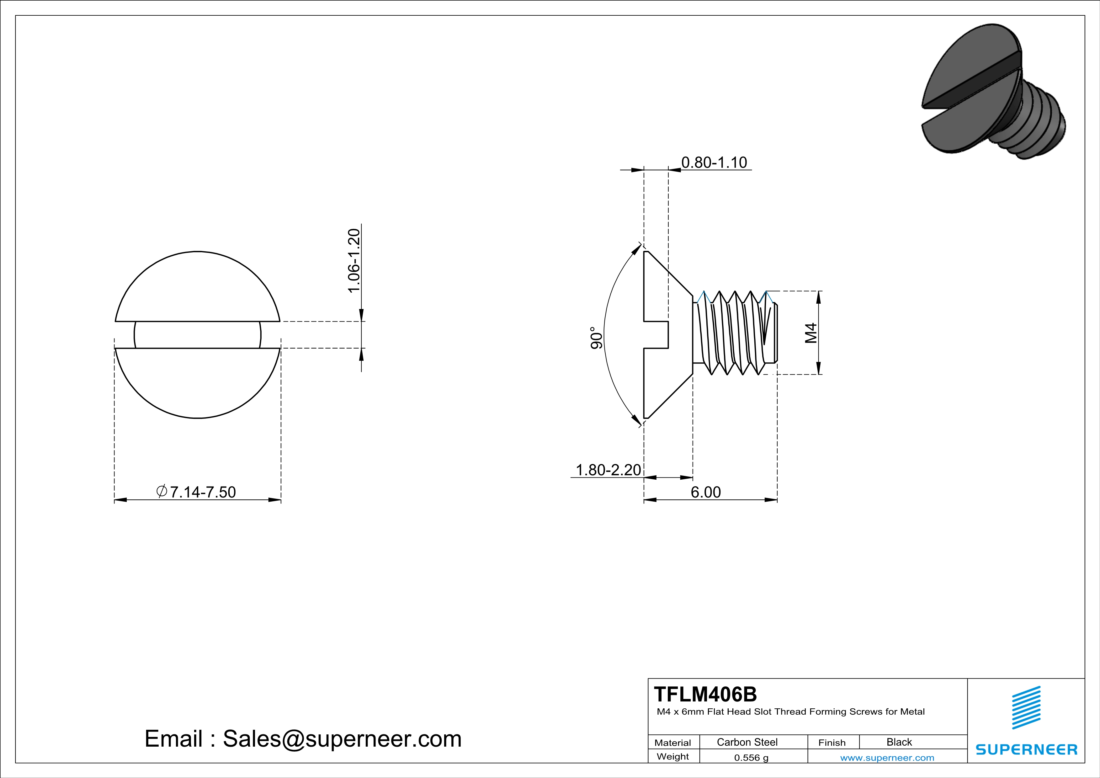 M4 × 6mm Flat Head Slot Thread Forming Screws for Metal Steel Black