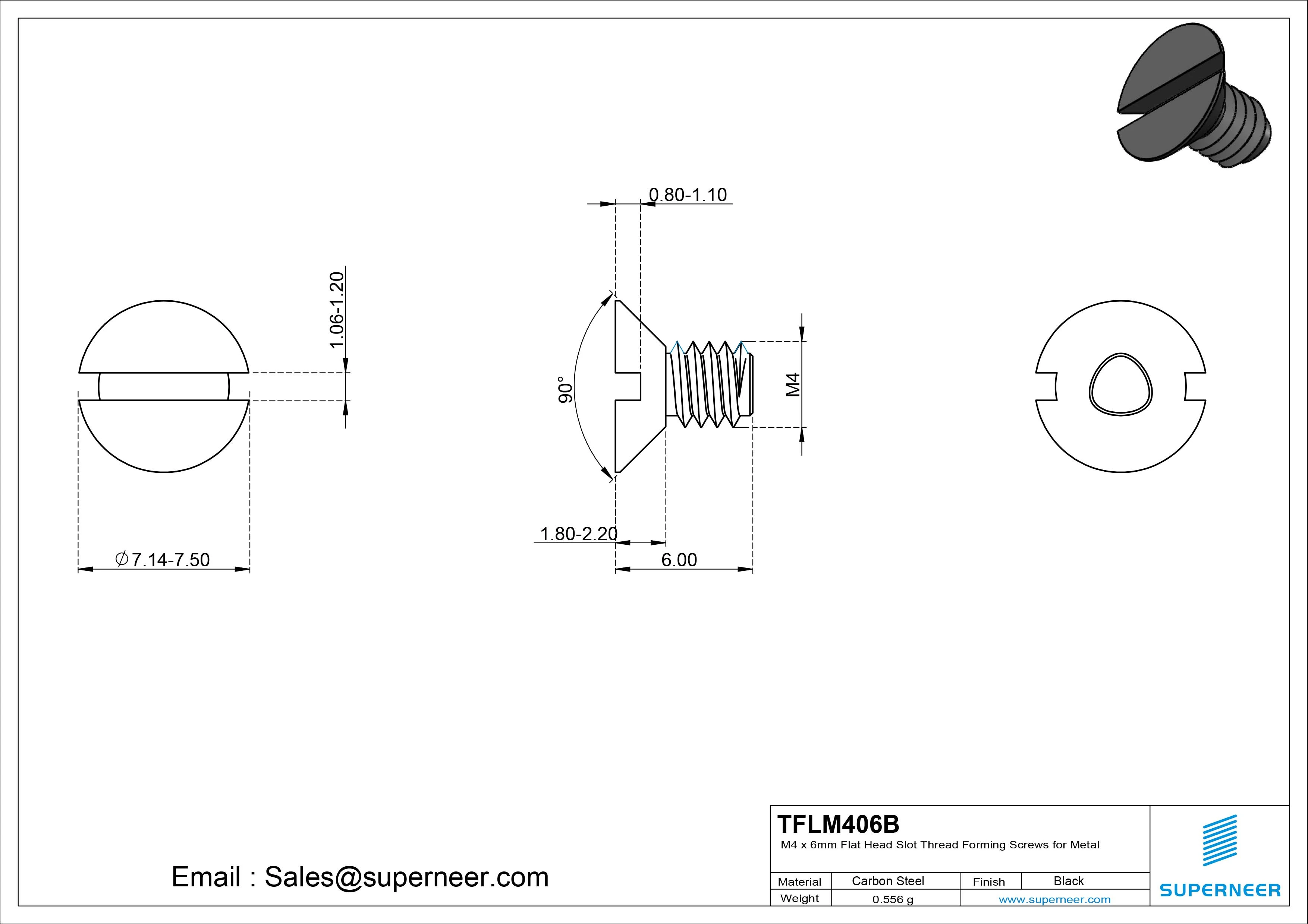 M4 × 6mm Flat Head Slot Thread Forming Screws for Metal Steel Black