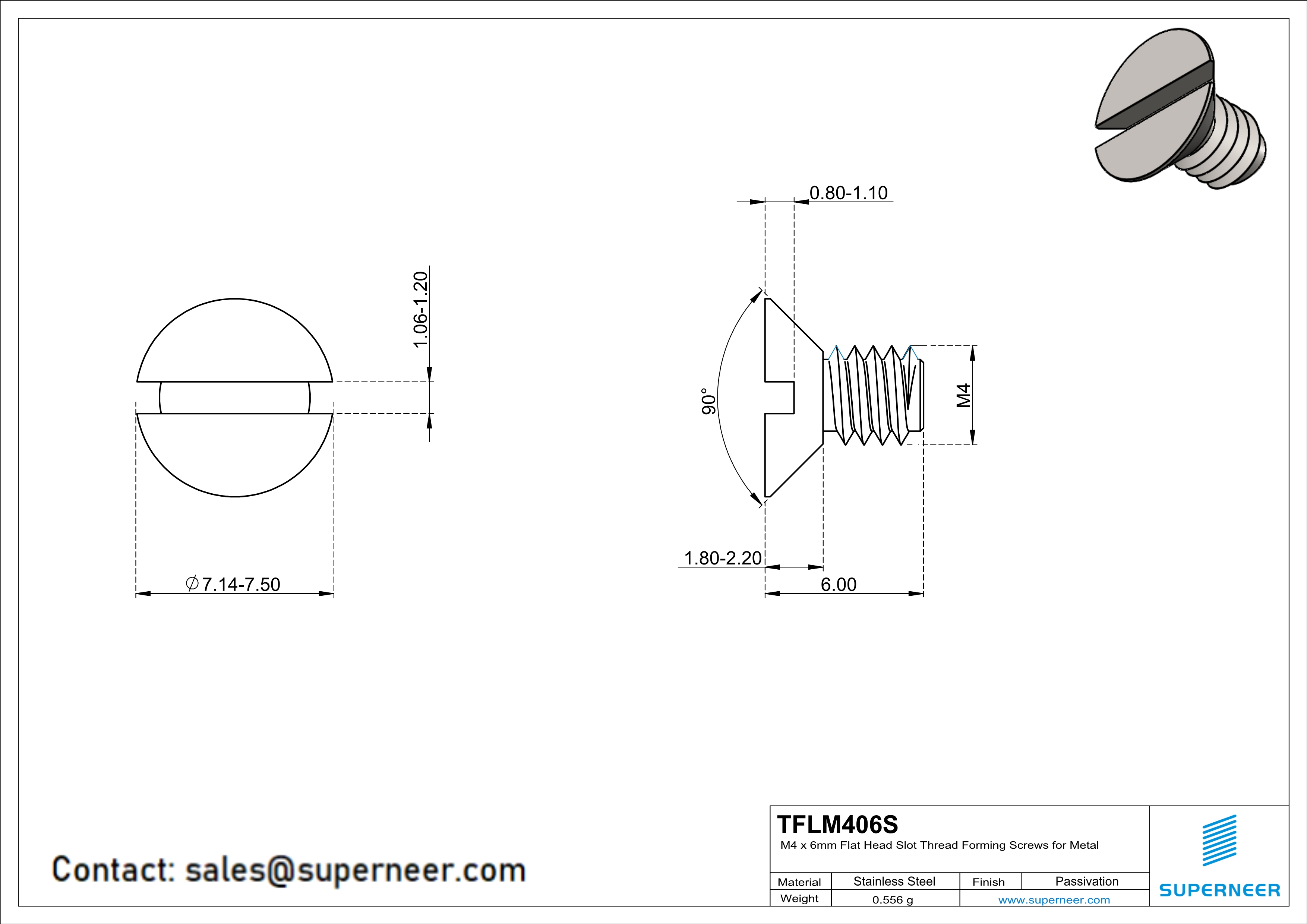 M4 × 6mm Flat Head Slot Thread Forming Screws for Metal SUS304 Stainless Steel Inox